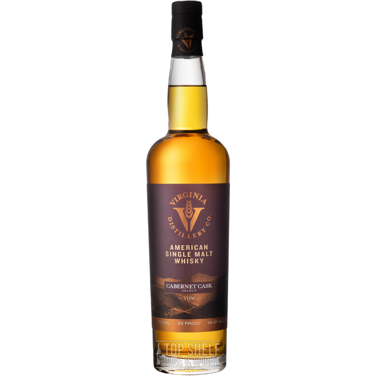 Virginia Distillery Cabernet Cask American Single Malt whisky bottle, 93 proof, rich flavors of black cherry and chocolate.