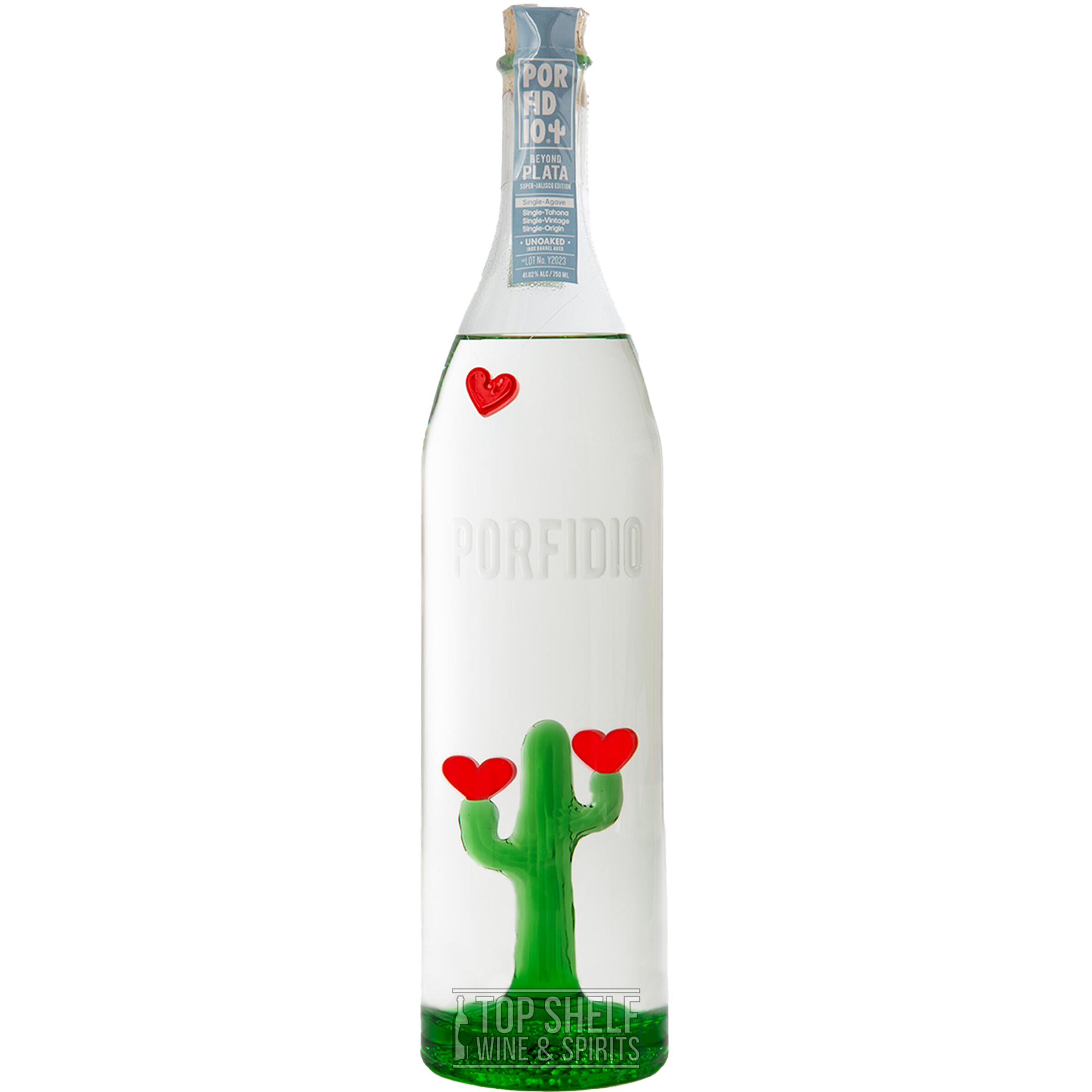 Porfidio Plata Tequila 1.75L bottle featuring a cactus design and heart accents, representing traditional craftsmanship.
