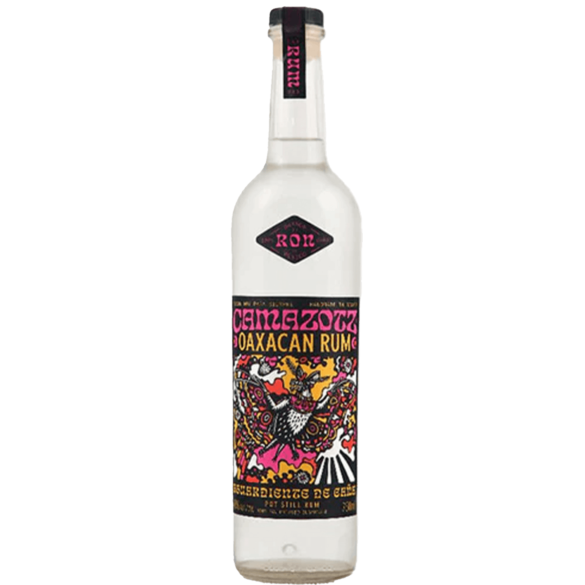 Camazotz Oaxacan Rum bottle featuring vibrant artwork, clear rum showcasing its artisanal heritage and traditional distilling.