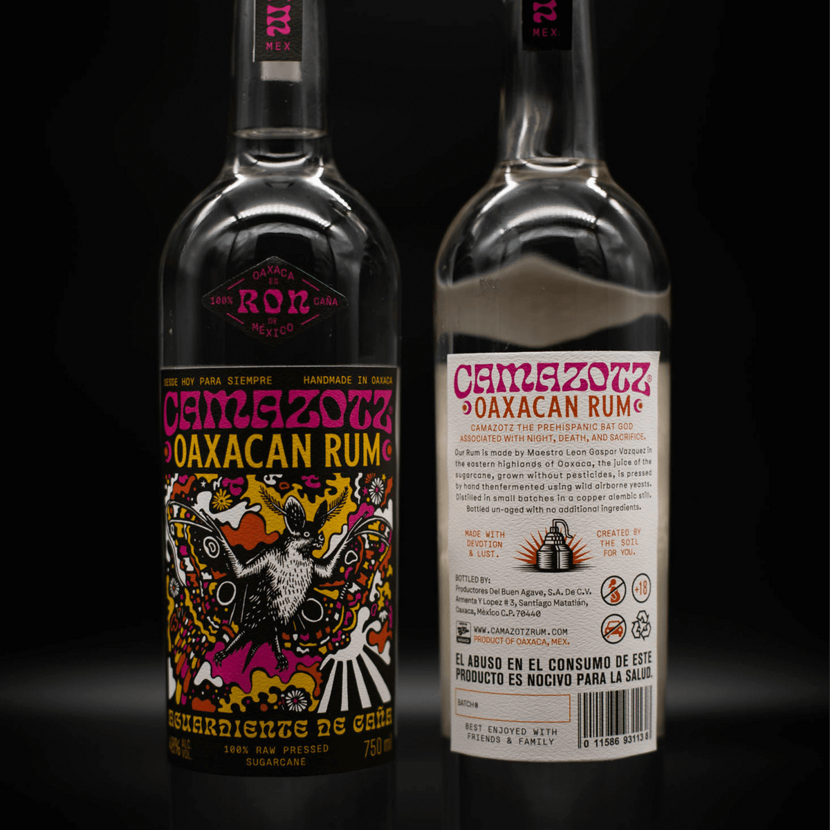 Bottle of Camazotz Oaxacan Rum showcasing vibrant label and details, crafted in Oaxaca, Mexico.