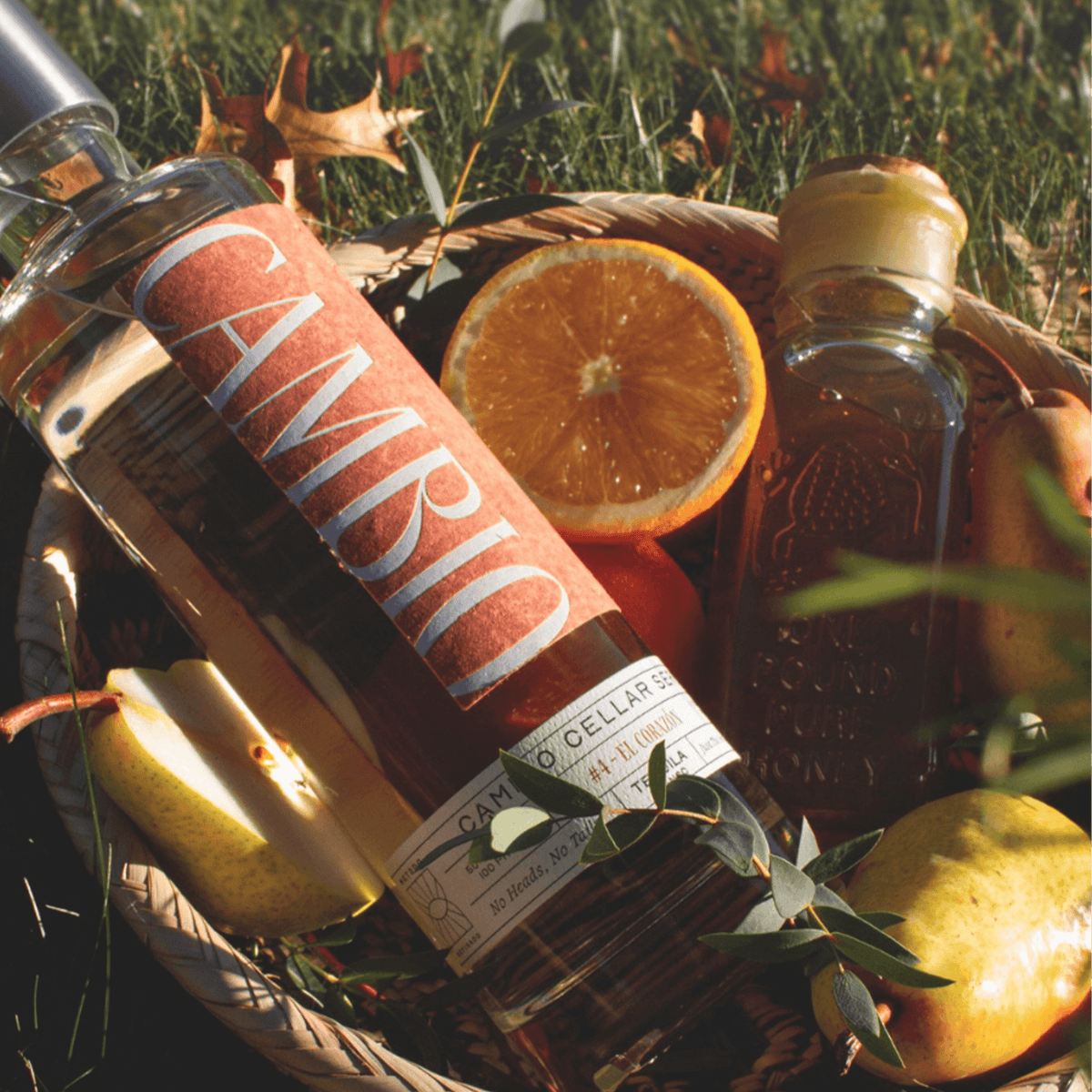 Cambio Cellar Series El Corazón Blanco Tequila bottle surrounded by fresh fruit and greenery in a rustic setting.
