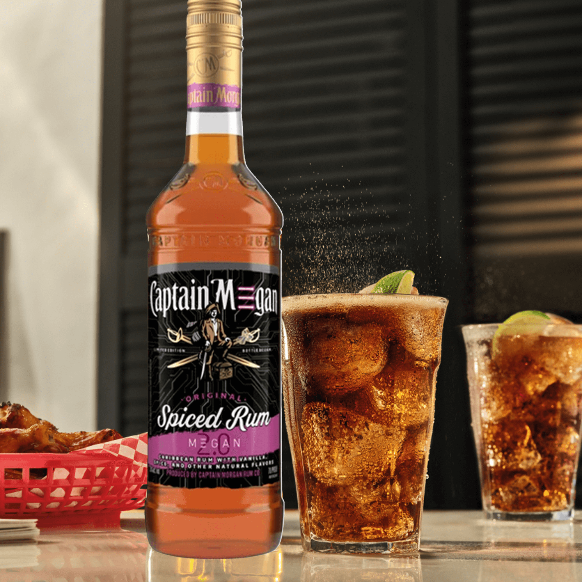Bottle of Captain Morgan M3GAN 2.0 Spiced Rum with drinks, celebrating the movie release with a stylish design.