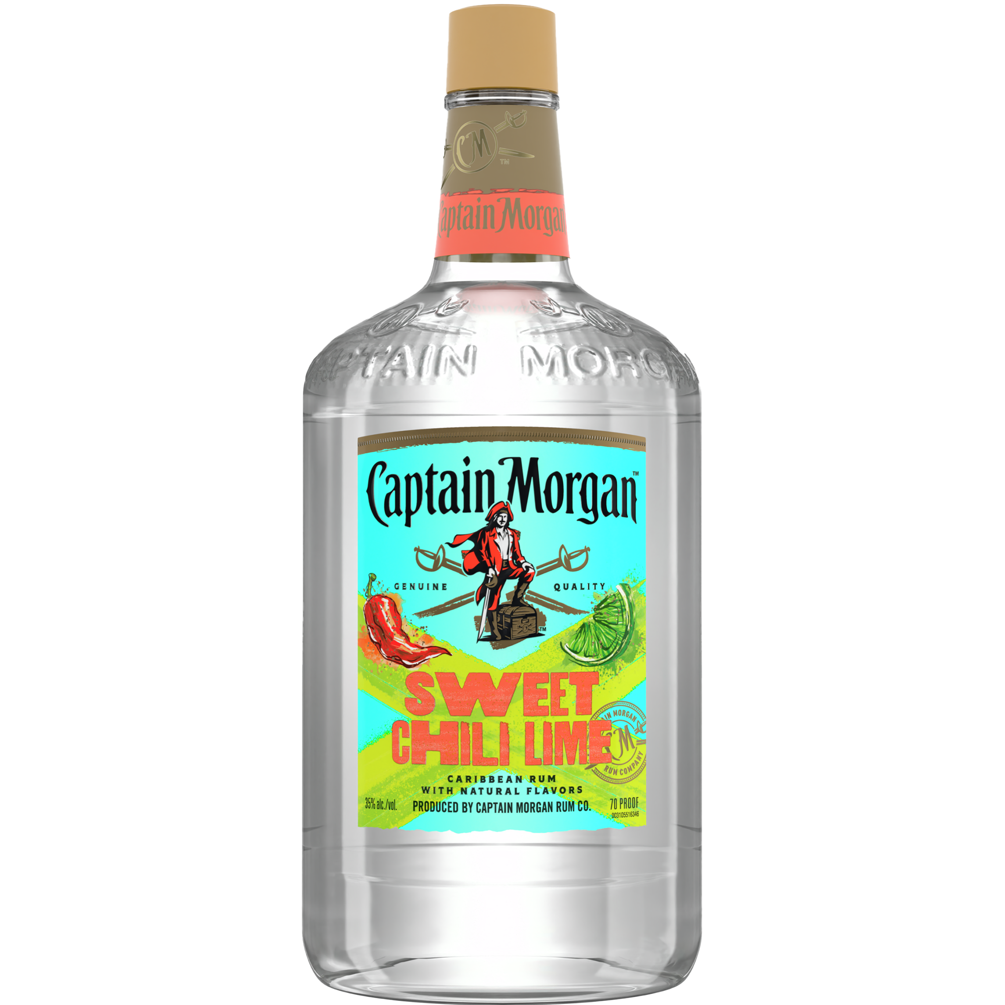 Bottle of Captain Morgan Sweet Chili Lime Rum 1.75L featuring vibrant label with chili and lime graphics.