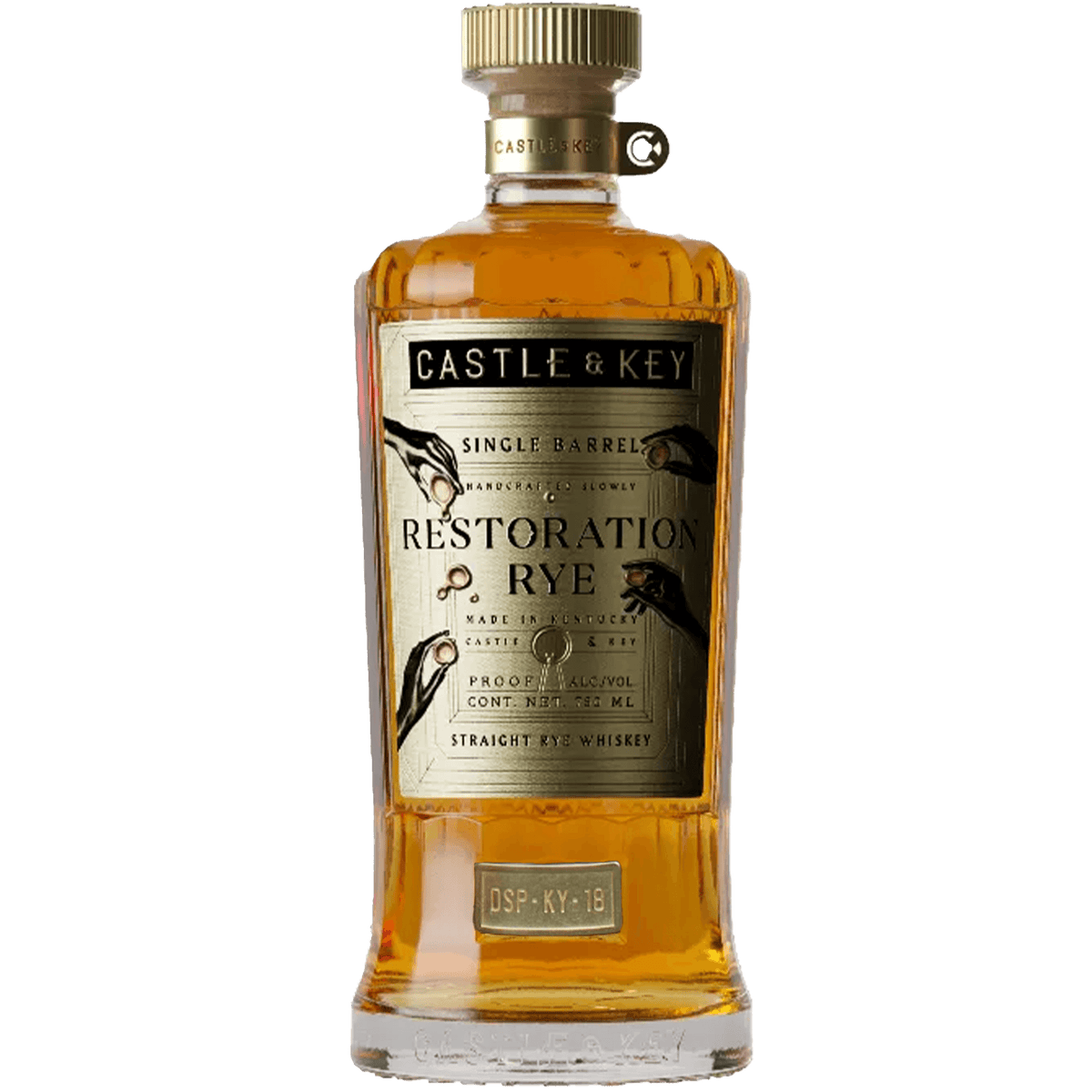 Castle & Key Restoration Single Barrel Rye Whiskey bottle showcasing elegant design and rich amber color.