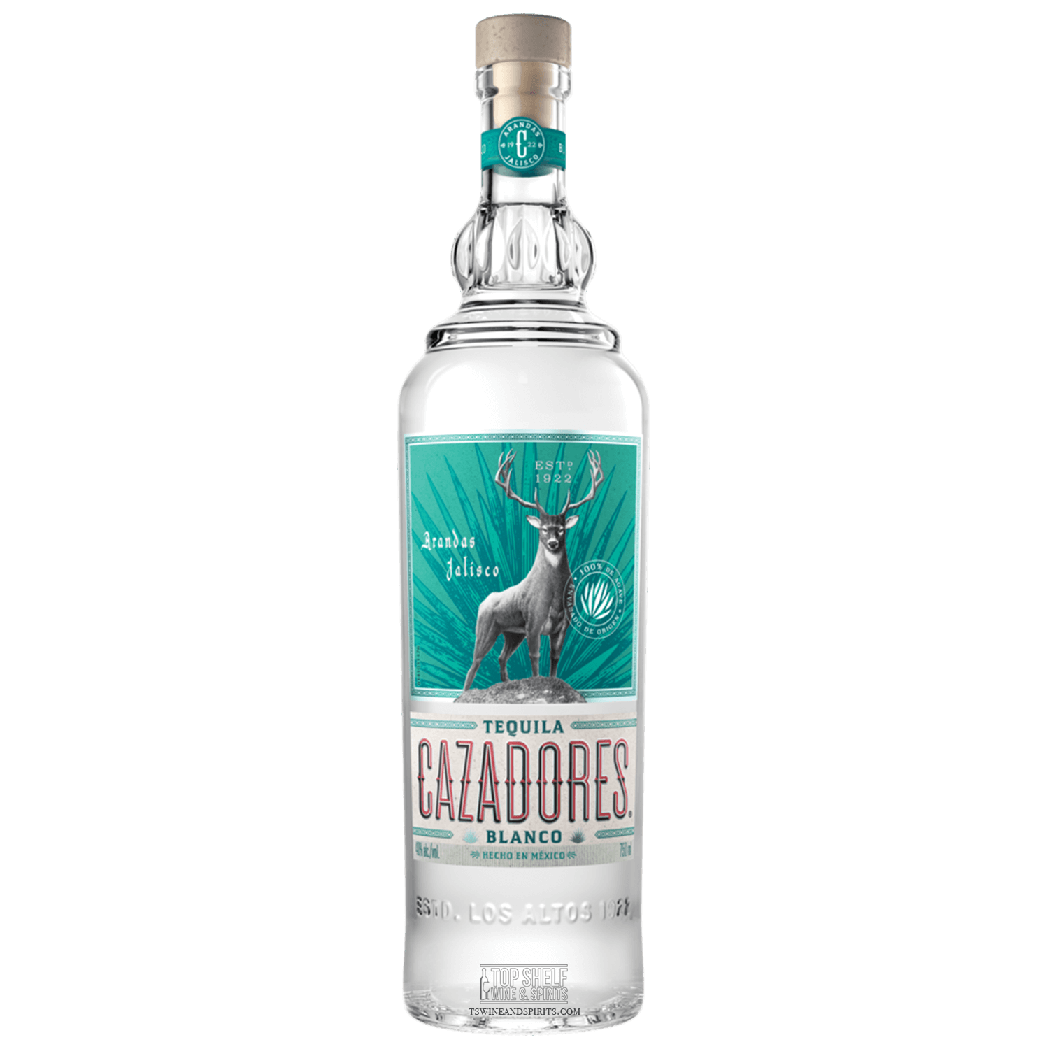 Bottle of Cazadores Blanco Tequila, made from 100% blue Weber agave, showcasing its pure, smooth flavor.