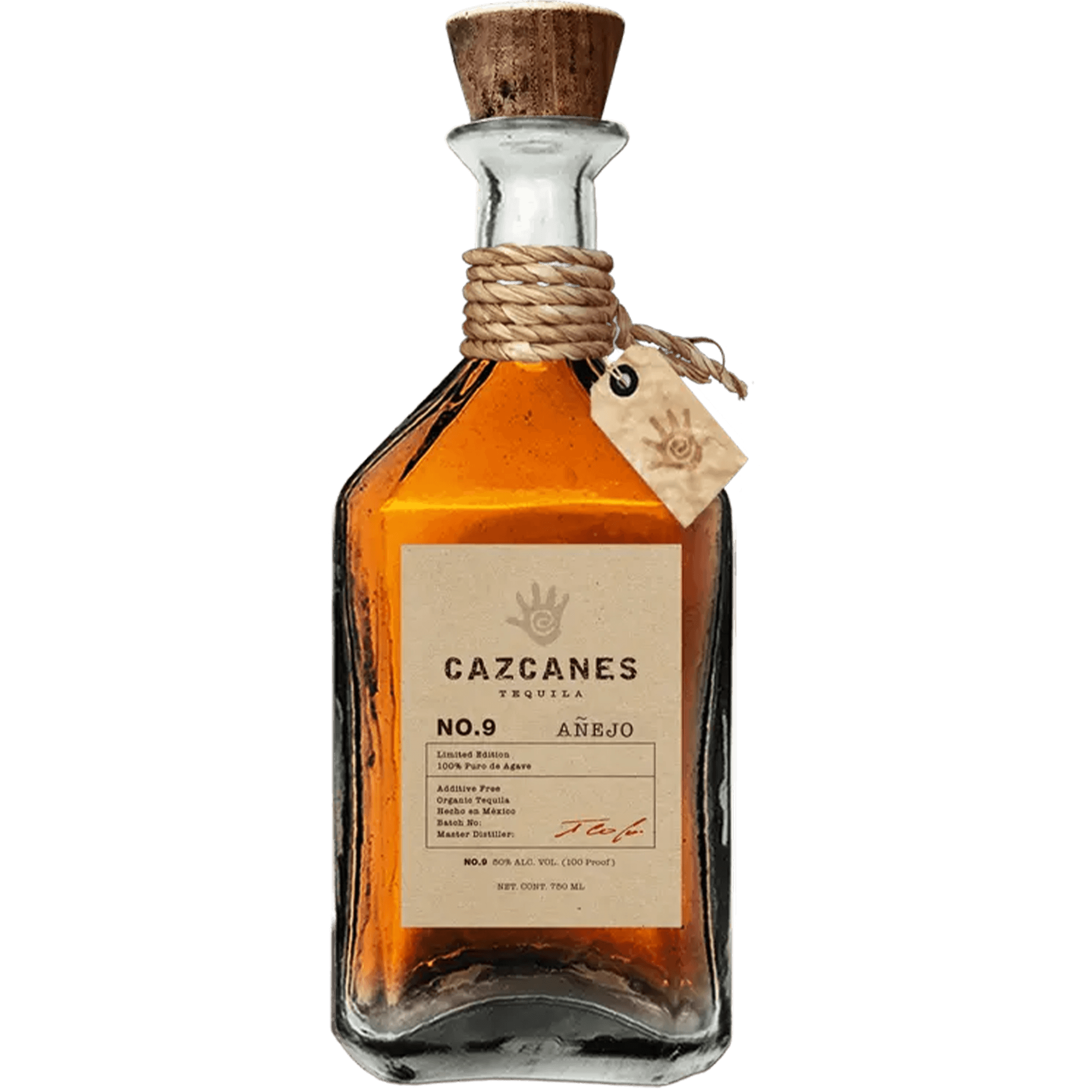 Cazcanes No. 9 Añejo Single Barrel 26 Tequila bottle with elegant label and rich amber color.