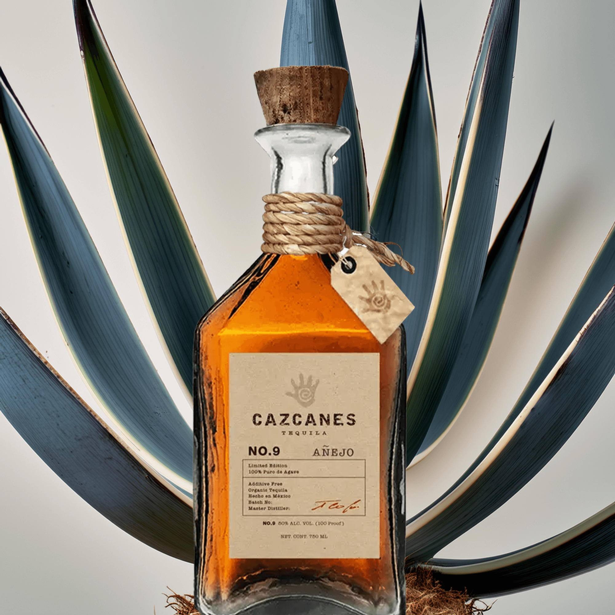 Cazcanes No.9 Añejo Single Barrel 26 tequila bottle with agave plant backdrop