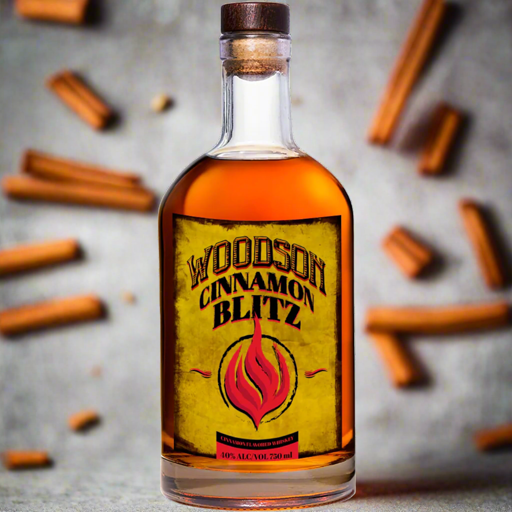 Woodson Whiskey Cinnamon Blitz bottle with cinnamon sticks, showcasing natural ingredients and rich cinnamon flavor.
