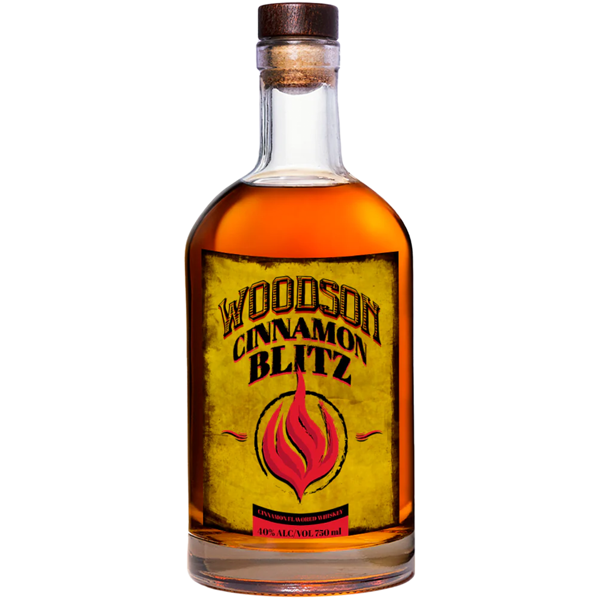 Bottle of Woodson Whiskey Cinnamon Blitz showcasing its natural cinnamon flavor and vibrant label.