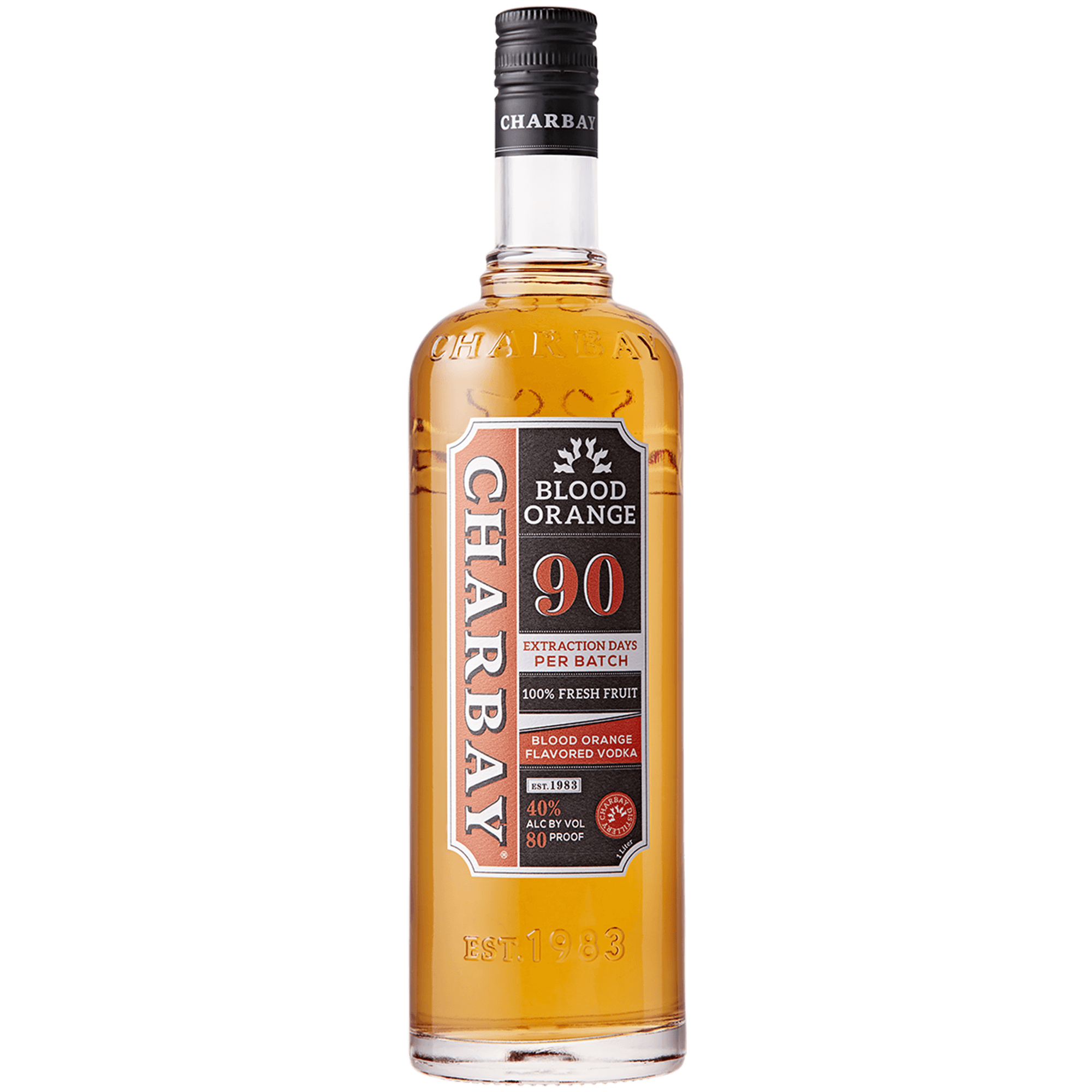 Bottle of Charbay Blood Orange Vodka 1L, crafted from 100% fresh fruit, showcasing its rich color and label design.