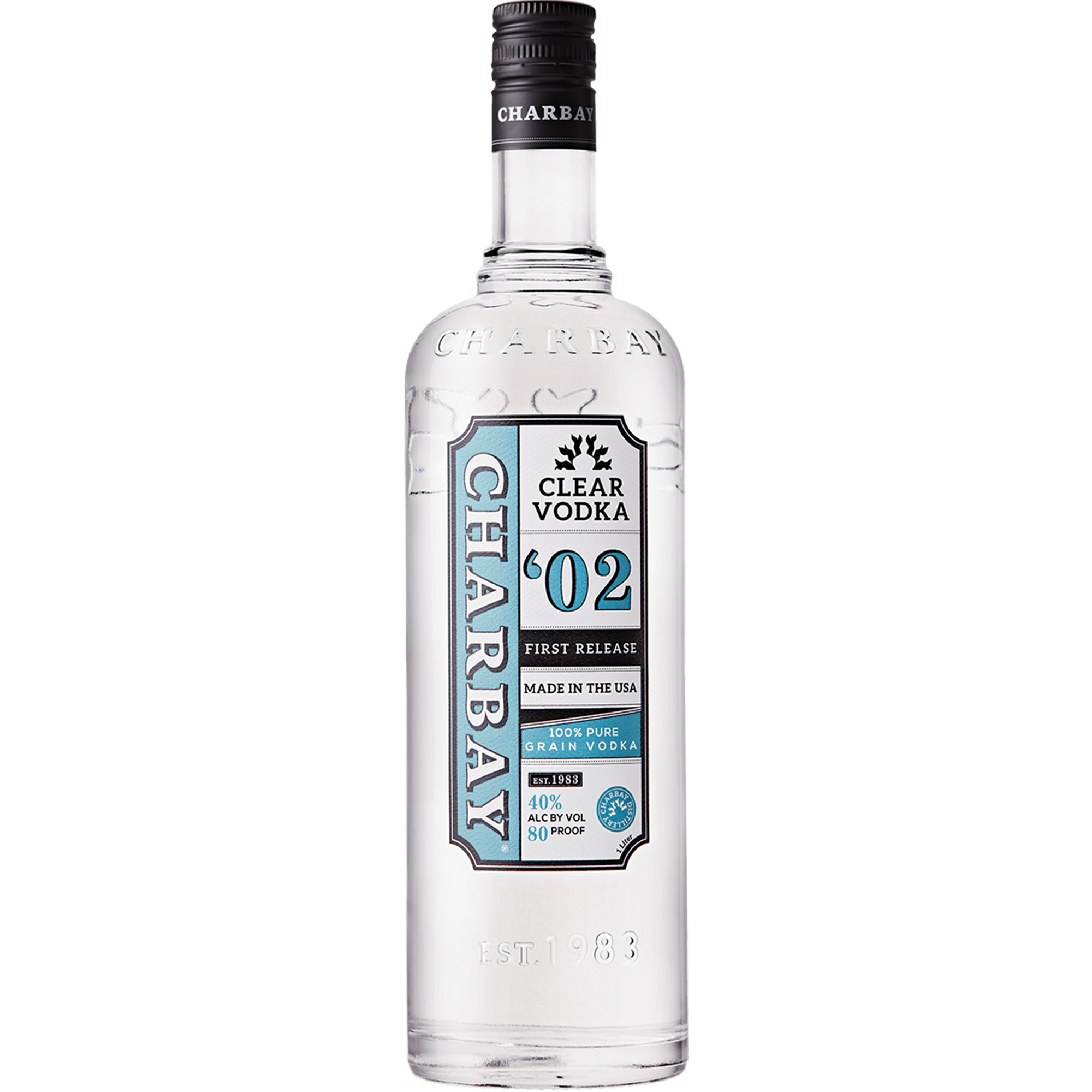 Charbay Clear Vodka 1L bottle featuring premium pure grain vodka made in the USA, 80 proof, smooth finish.