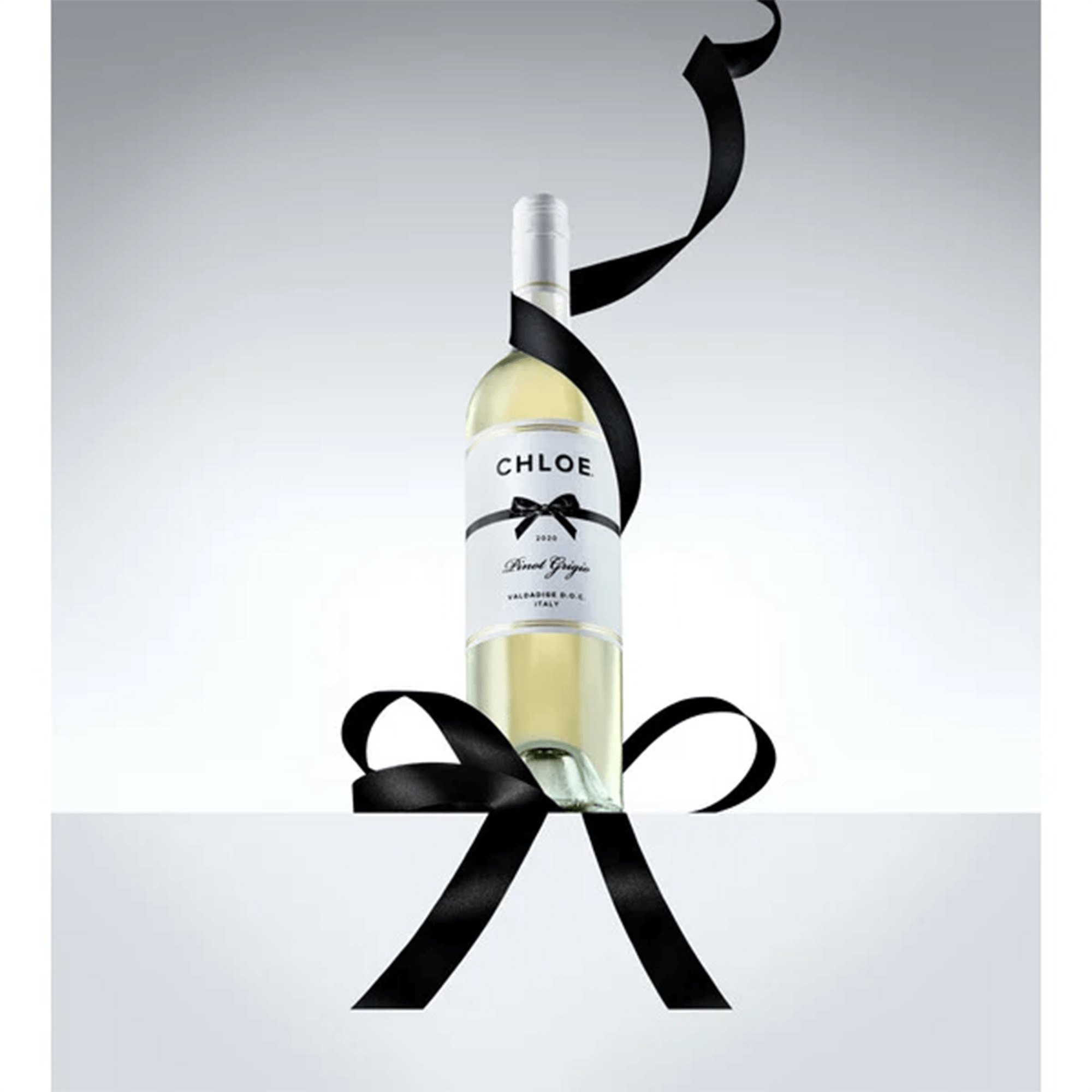 Chloe Pinot Grigio wine bottle elegantly presented with black ribbon, showcasing the wine's exquisite appeal.