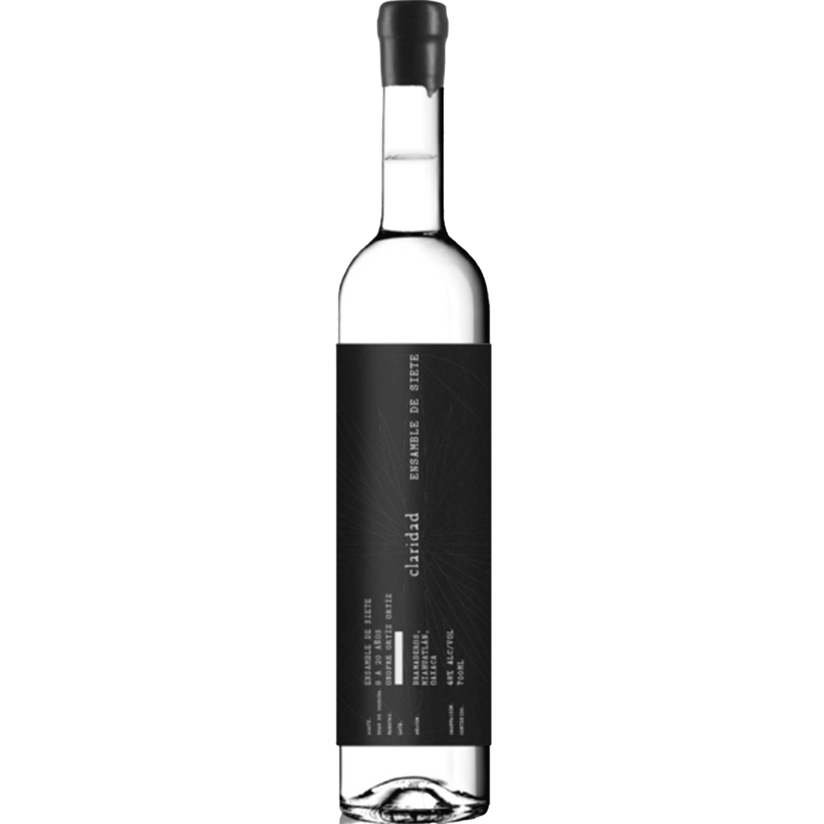 Claridad Ensamble De Siete Mezcal 700ml bottle showcasing seven agave varieties and elegant black label.