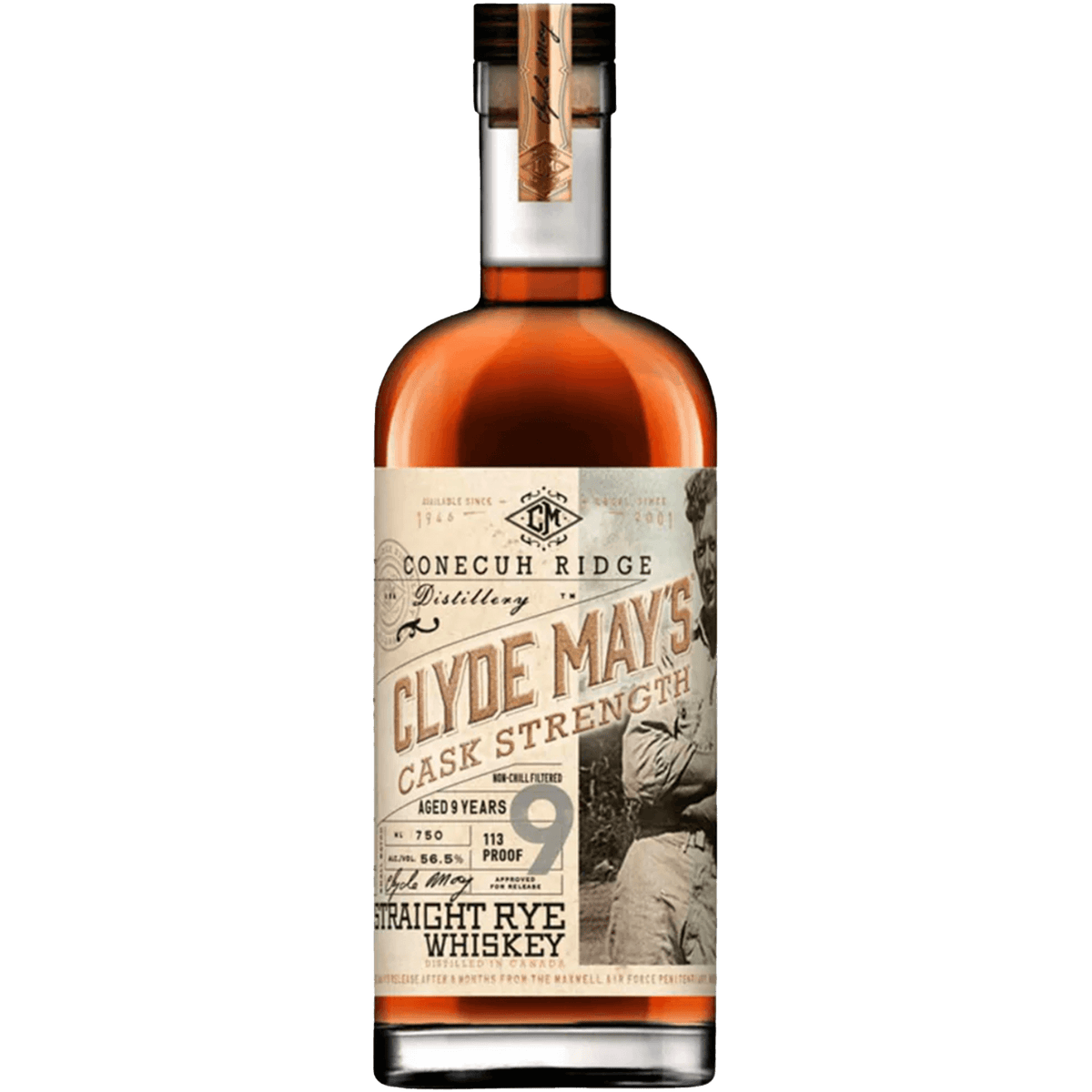 Clyde May's 9 Year Cask Strength Rye Whiskey bottle featuring elegant label and rich amber color.