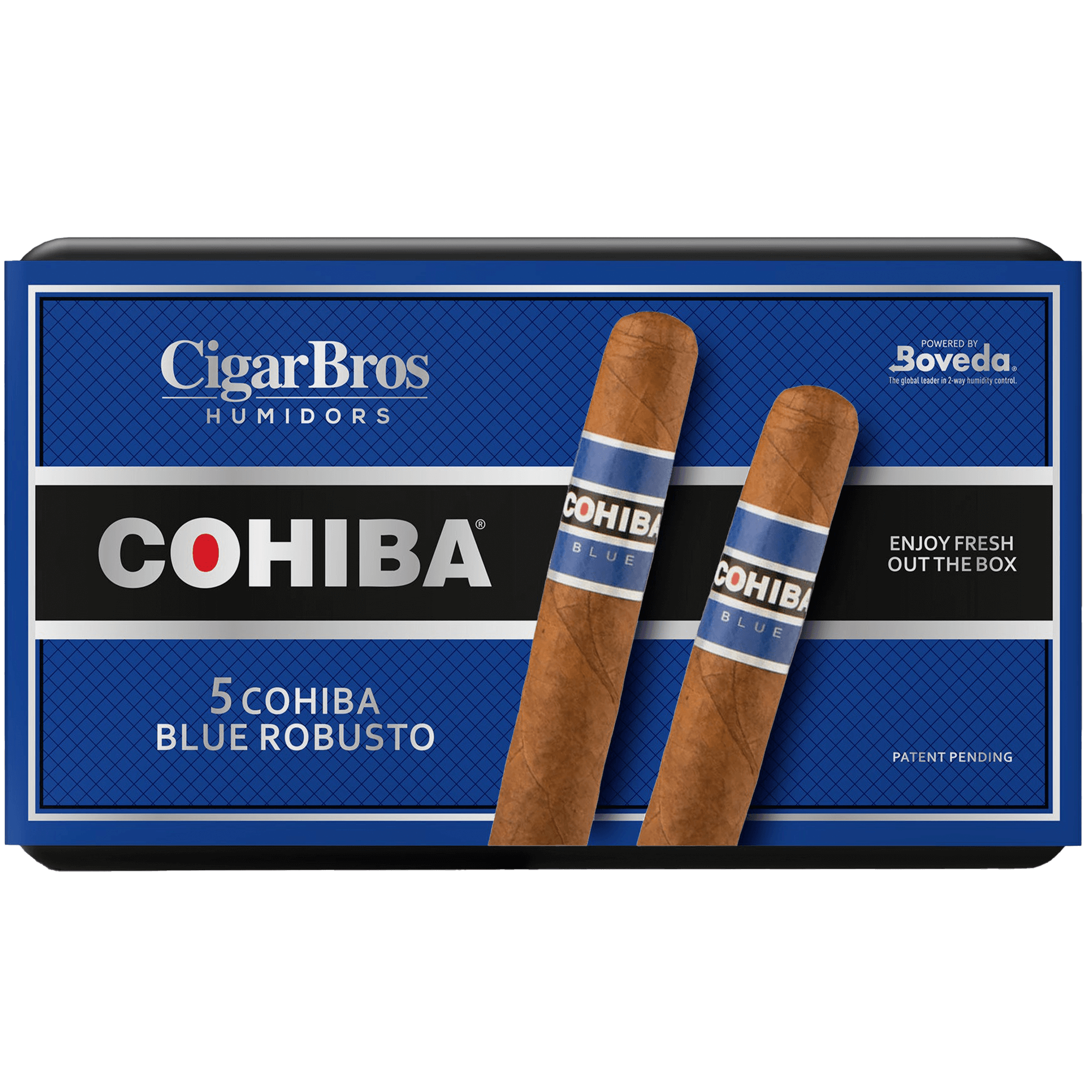 Cohiba Blue Robusto cigars in a CigarBros humidor box, showcasing luxury and smooth smoking experience.