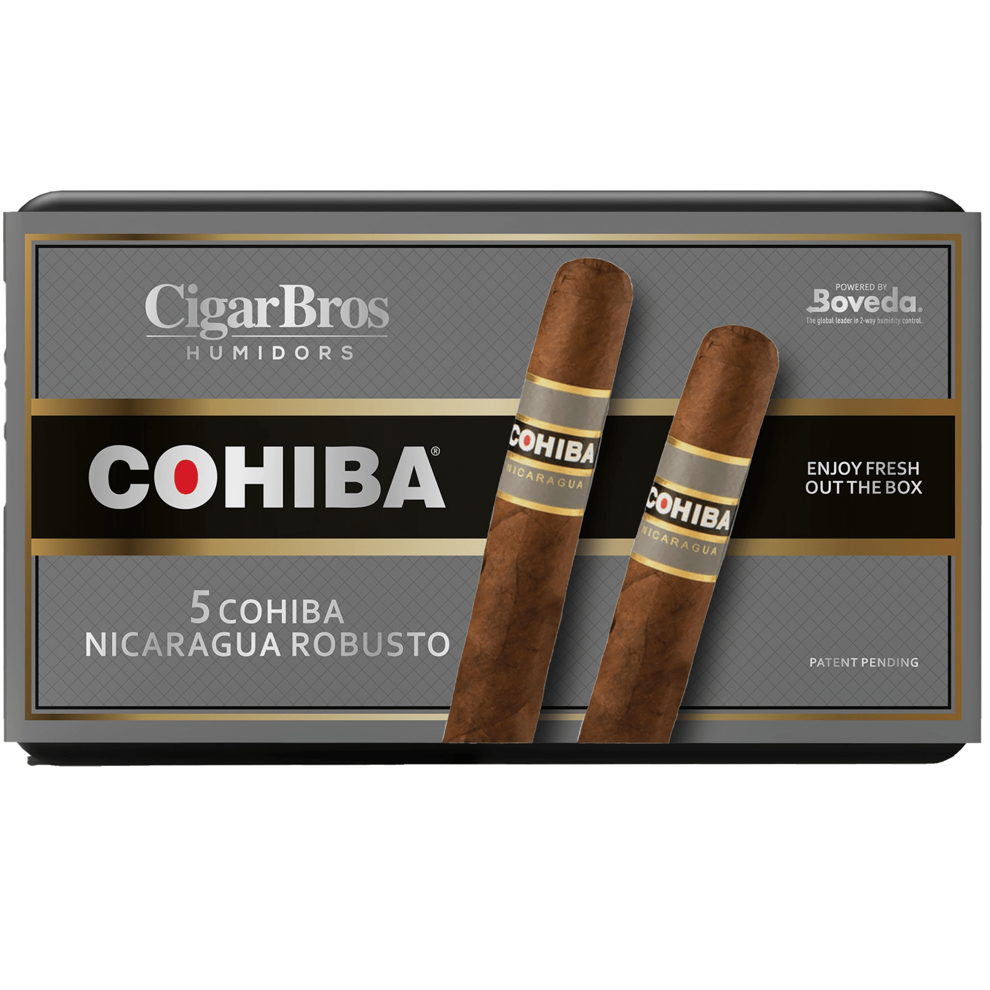 Cohiba Nicaragua Robusto cigars packaged in a CigarBros humidor, featuring 5 premium cigars for enthusiasts.