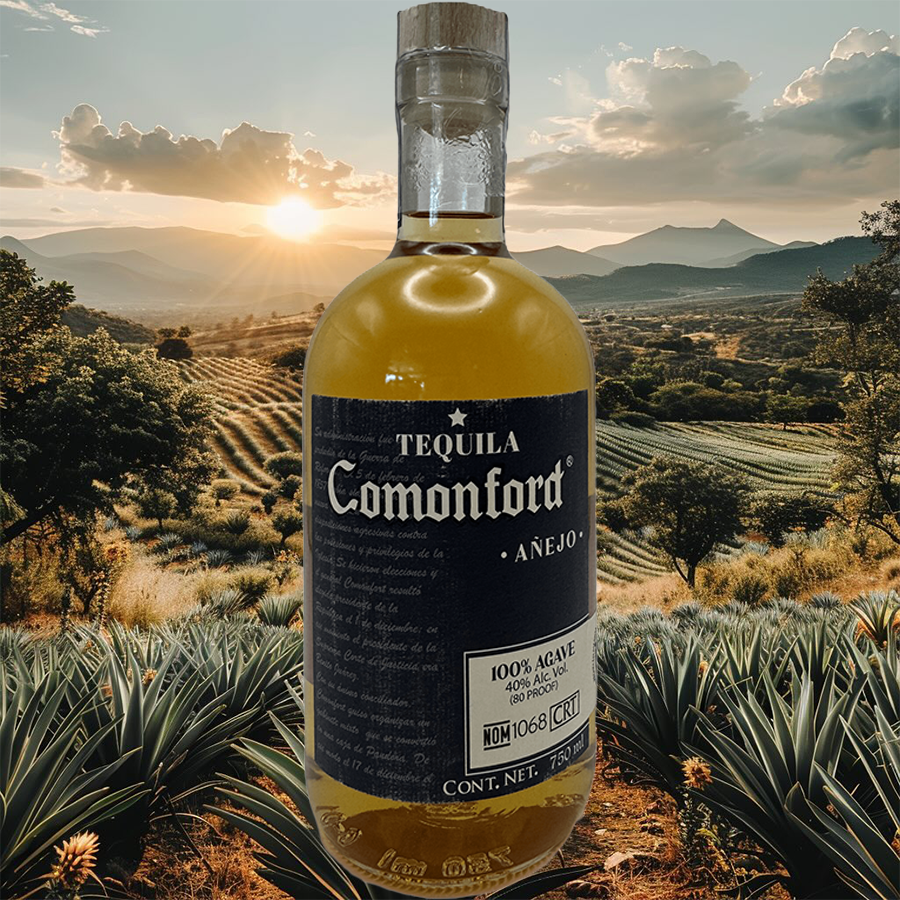 Comonford Añejo tequila bottle against a scenic agave field backdrop at sunset.