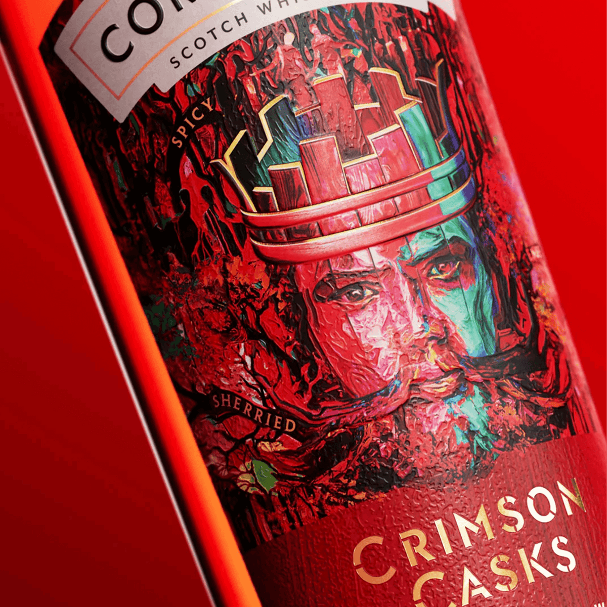 Compass Box Crimson Casks whisky bottle featuring vibrant artwork and rich color, highlighting its sherried character.