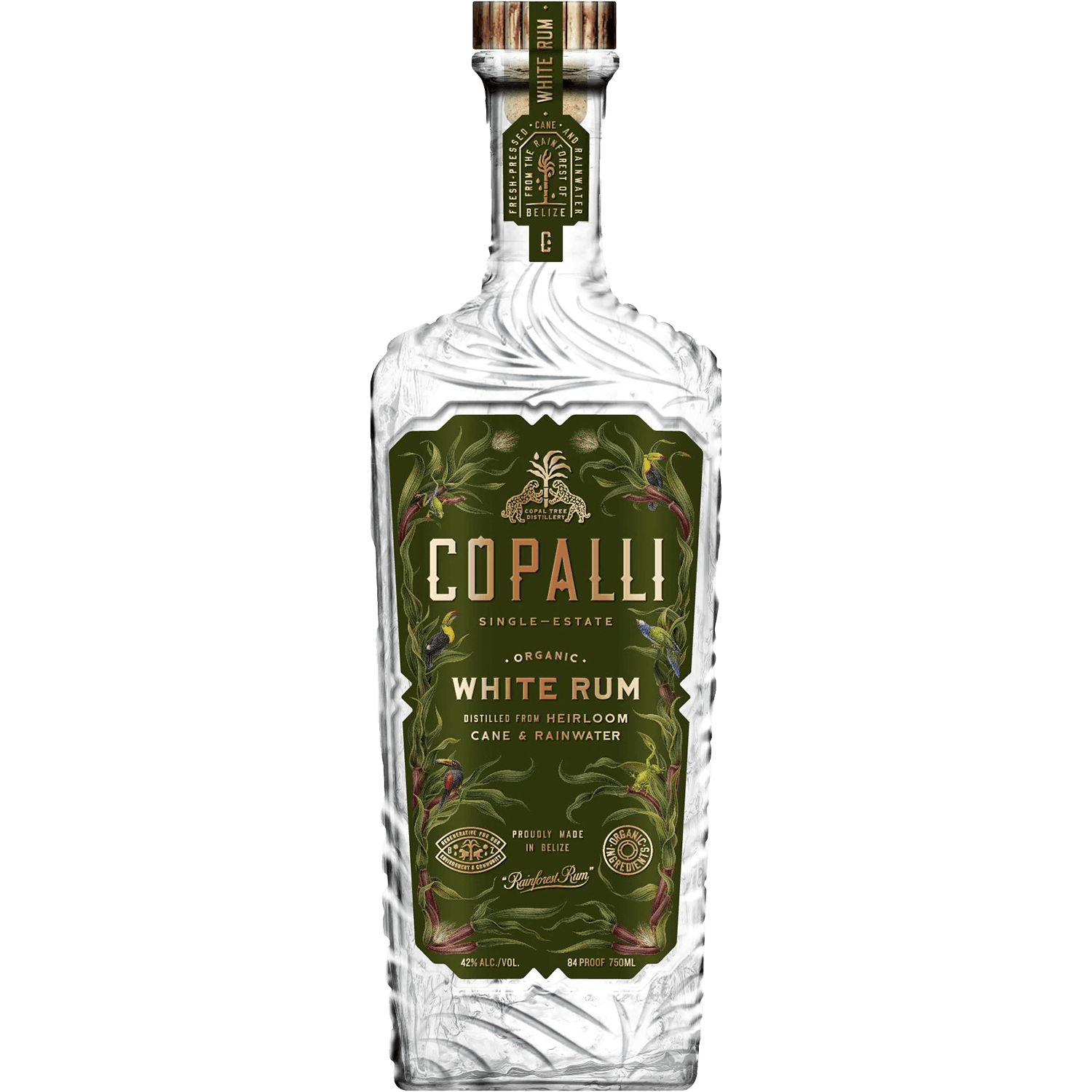 Copalli White Belizean Rum bottle showcasing organic ingredients and single-estate craftsmanship.