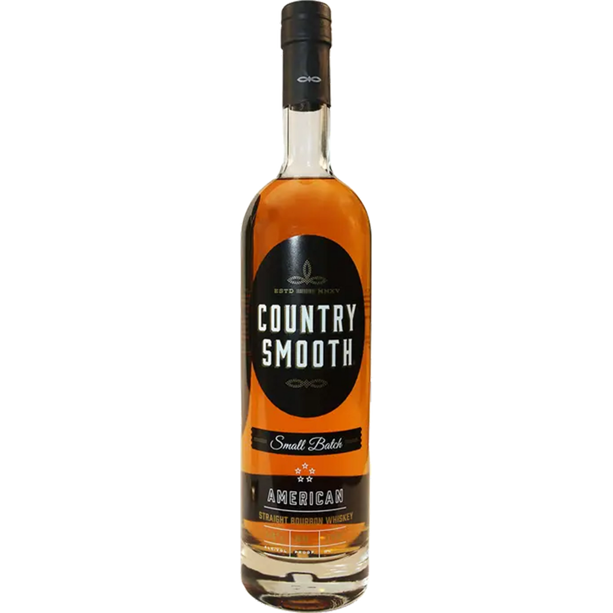 Country Smooth Small Batch American Straight Bourbon bottle showcasing its medium amber color and refined label design.