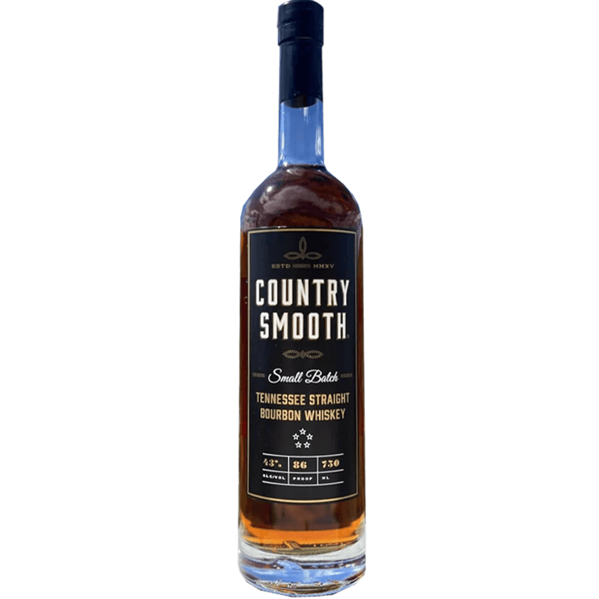 Country Smooth Small Batch Tennessee Straight Bourbon Whiskey bottle with rich golden hue.