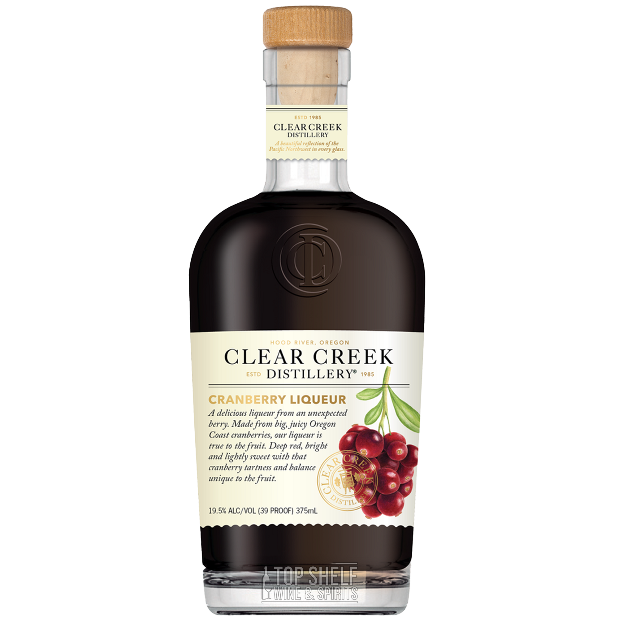 Clear Creek Cranberry Liqueur 375ml bottle featuring Oregon cranberries and a decorative label.
