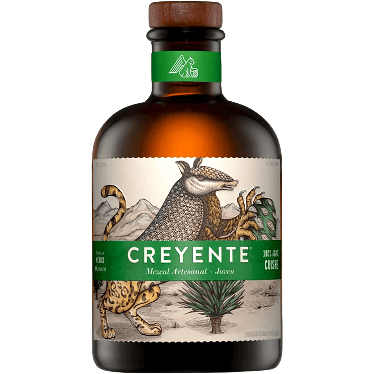 Creyente Cuishe Mezcal bottle featuring unique artwork and artisanal branding, highlighting the Cuishe agave origins.