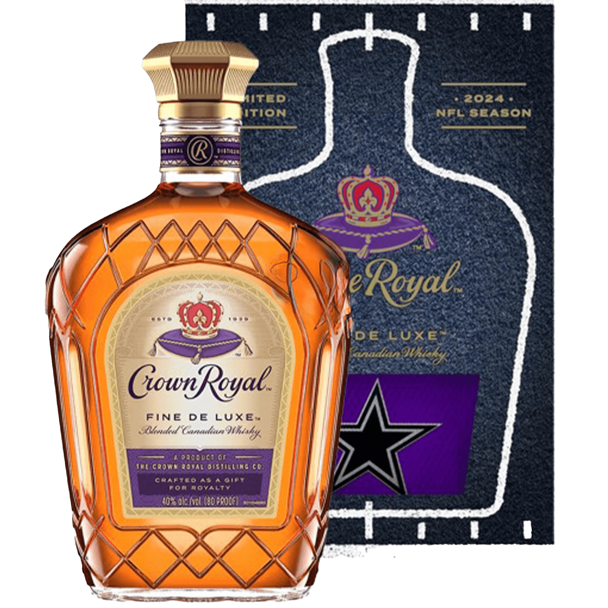 Crown Royal 2024 NFL Dallas Cowboys Limited Edition whisky bottle with branded bag, perfect for collectors and fans.