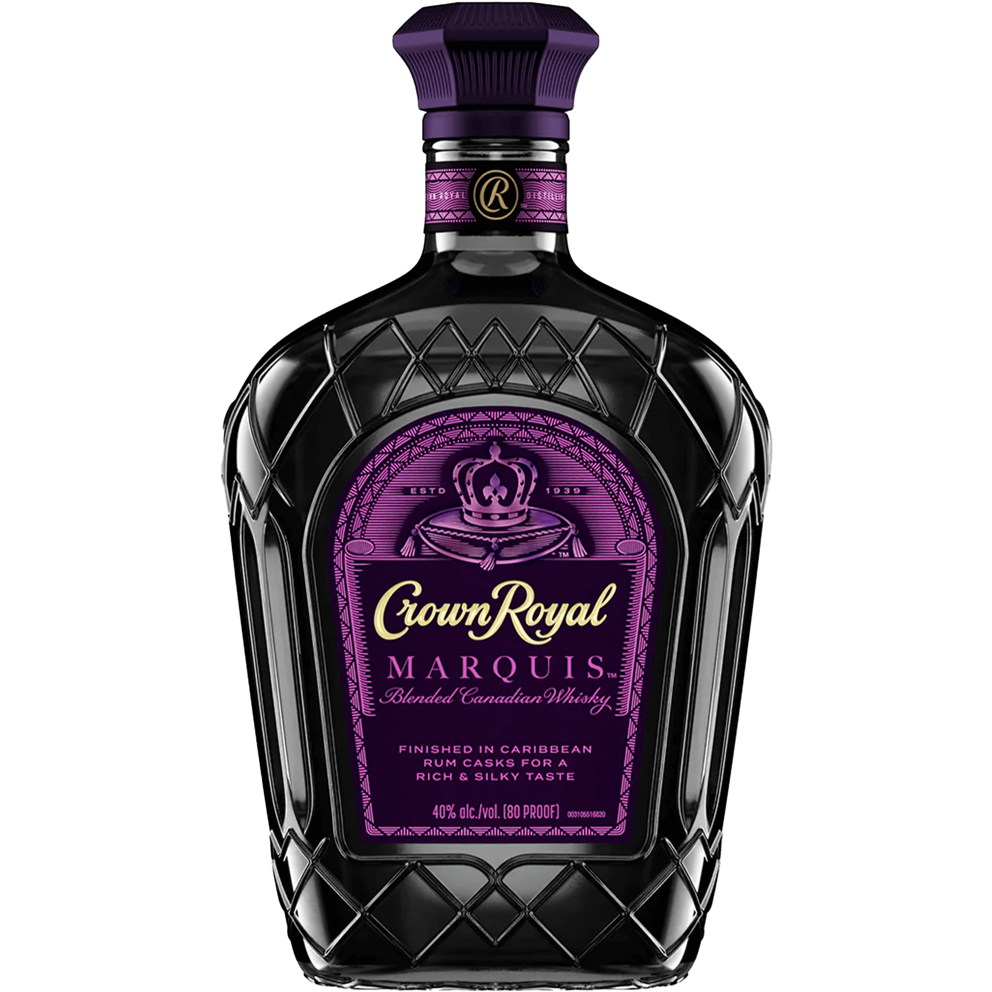 Crown Royal Marquis Canadian Whisky bottle, finished in Caribbean rum casks, showcasing rich honey and vanilla notes.