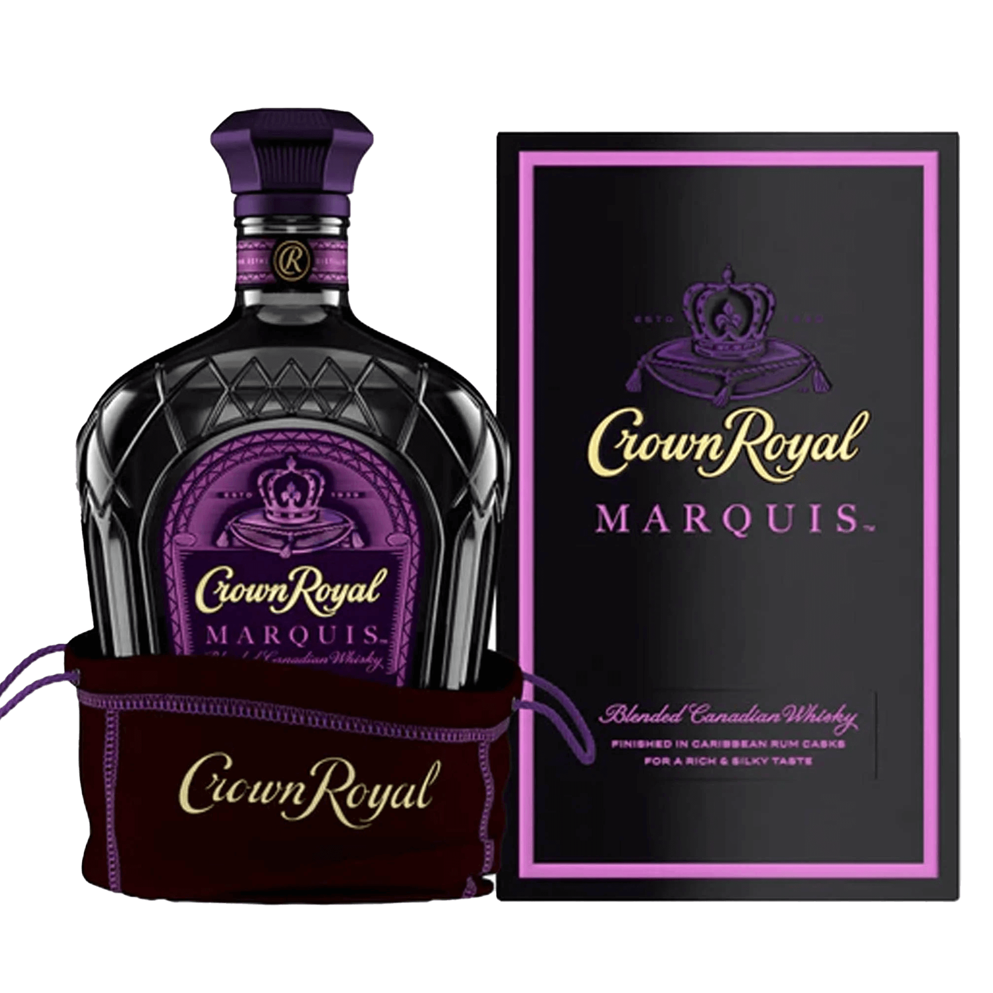 Crown Royal Marquis Canadian Whisky bottle and box display, featuring rich flavors of honey and brown sugar.