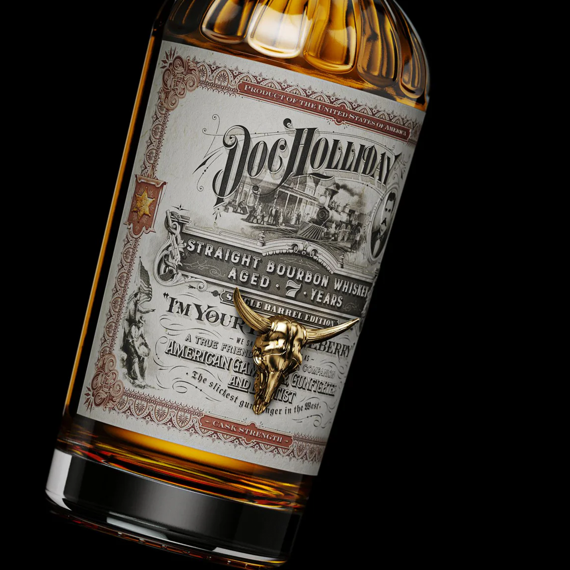 Doc Holliday 7 Year Straight Bourbon bottle with decorative label and gold details, showcasing premium whiskey craftsmanship.