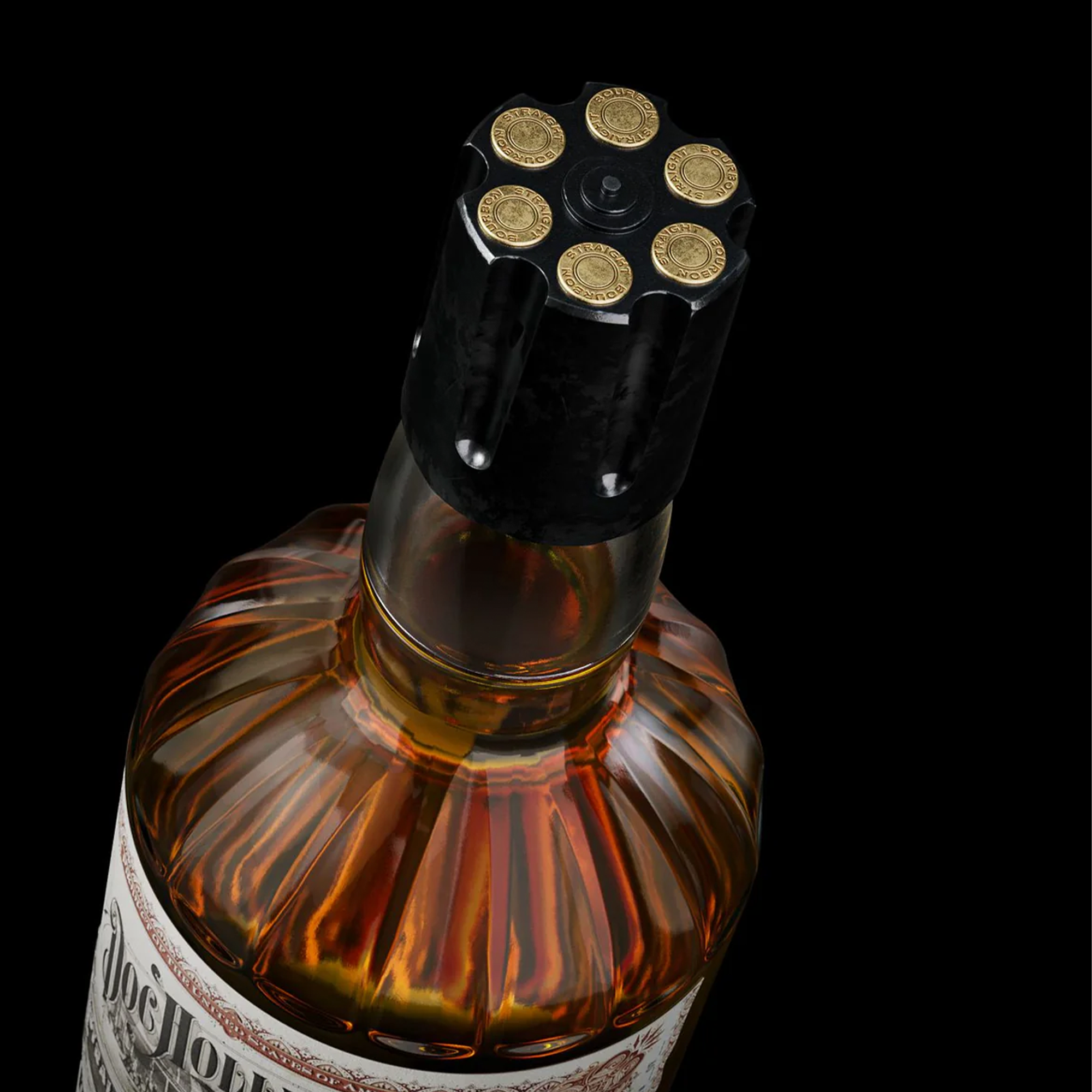 Doc Holliday 7 Year Straight Bourbon bottle with a gun cylinder top, highlighting its unique design.