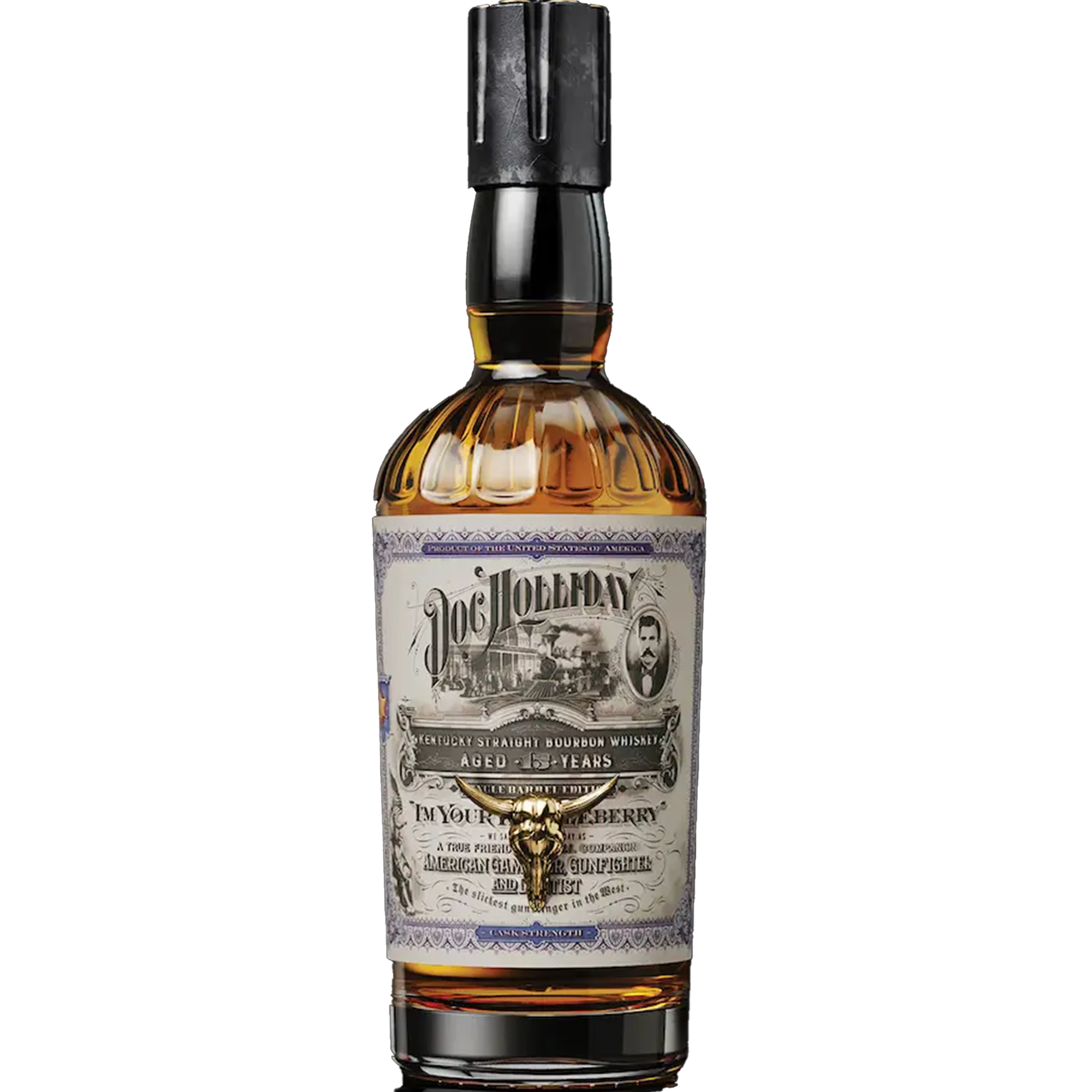 Doc Holliday 15-Year-Old Cask Strength Kentucky Straight Bourbon whiskey bottle with vintage label design.