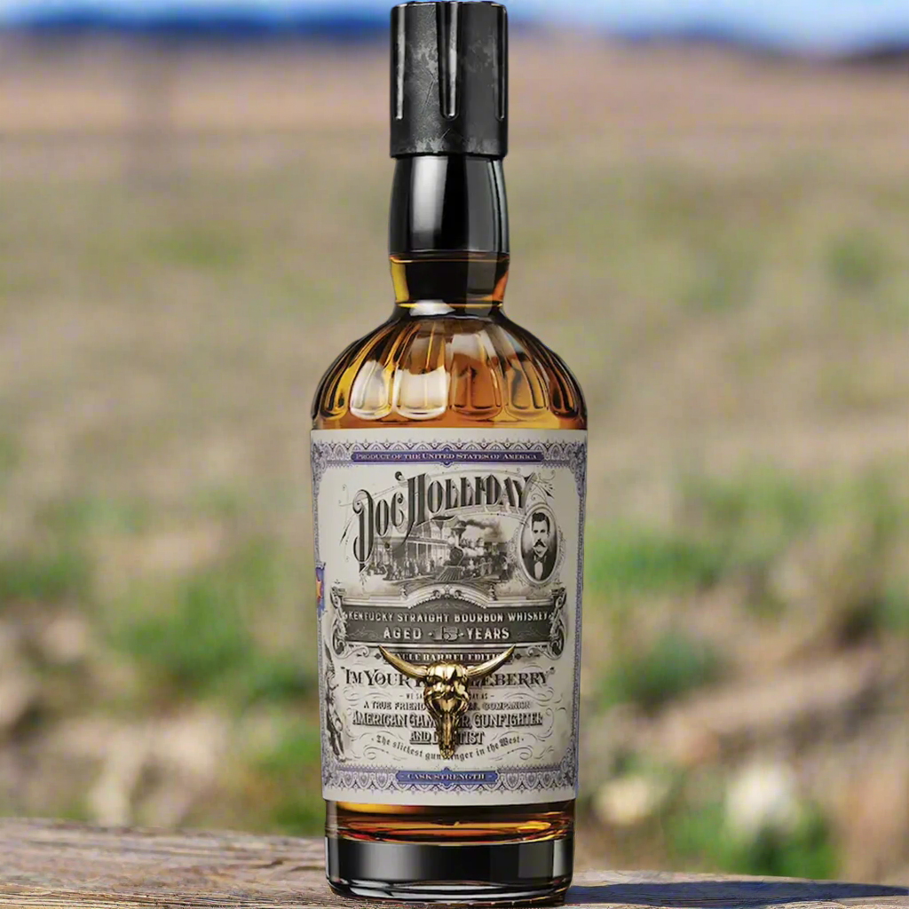 Doc Holliday 15 Year Cask Strength Kentucky Straight Bourbon Whiskey bottle, showcasing its vintage design and amber color.