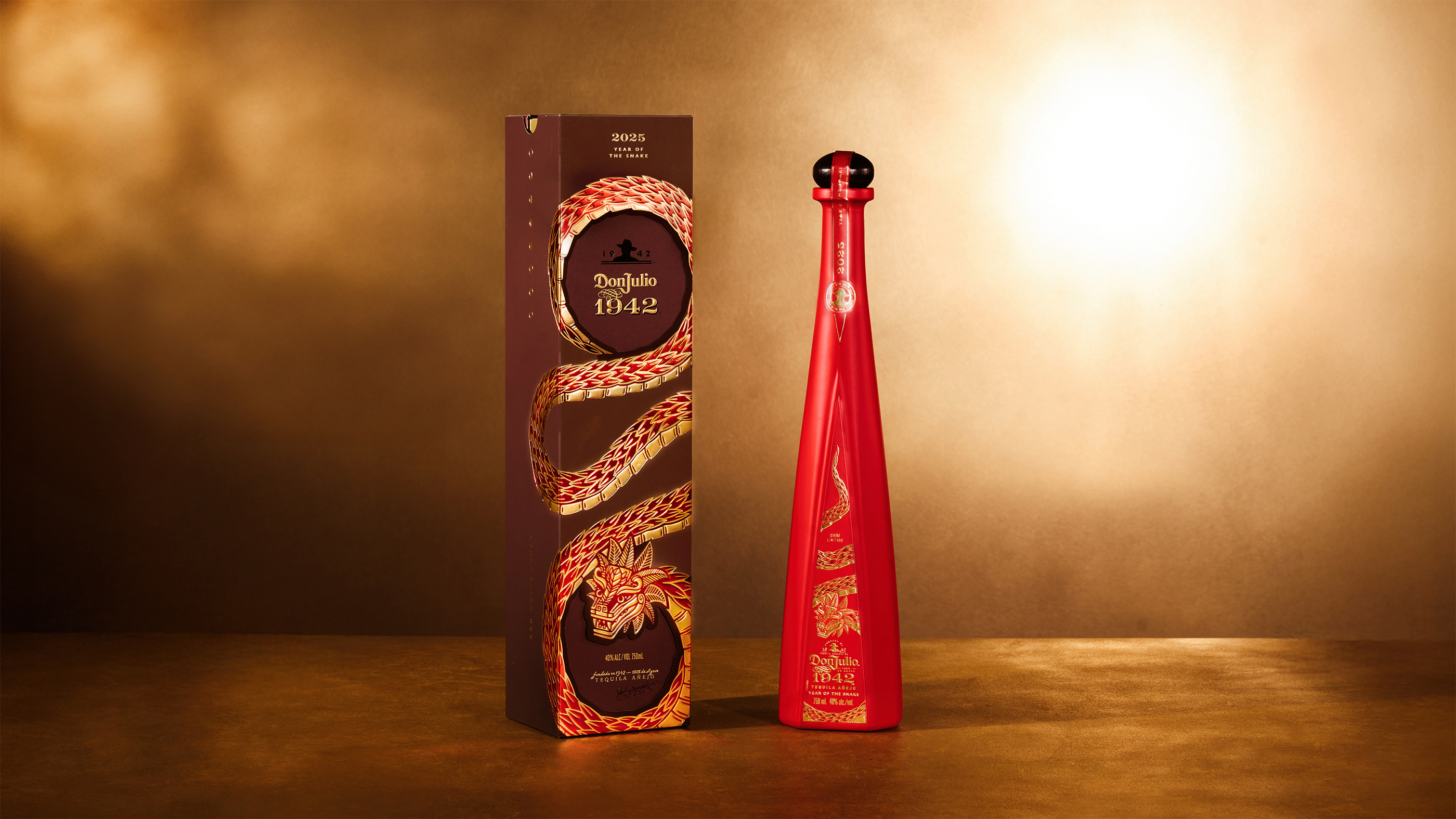 Don Julio 1942 Year of the Snake Añejo Tequila in a striking red bottle with gold accents for Lunar New Year 2025.