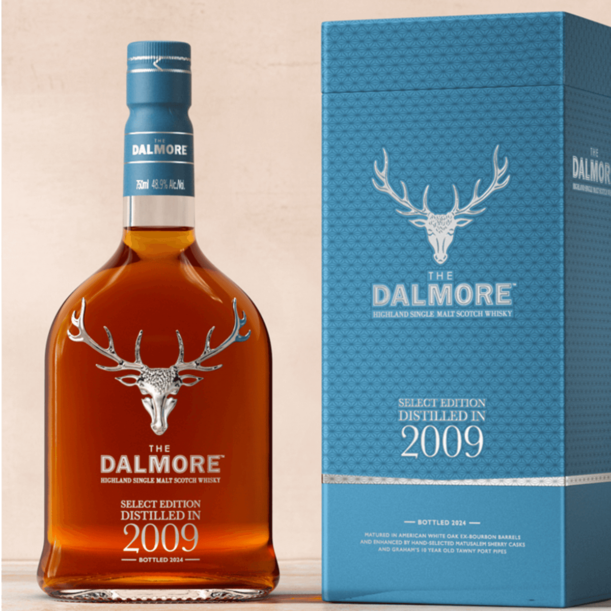 Dalmore 2009 Select Edition 15 Year Single Malt Scotch whisky bottle and box, showcasing rich amber color and elegant packaging.