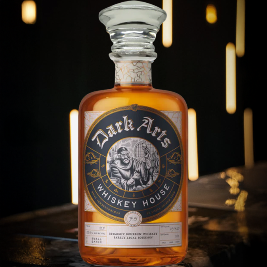 Dark Arts 7 Year Barely Legal Small Batch Cask Strength Bourbon bottle with a unique design.