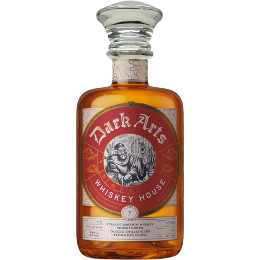 Dark Arts 7 Year French Oak Stave Small Batch Bourbon bottle with intricate label and aesthetic design.