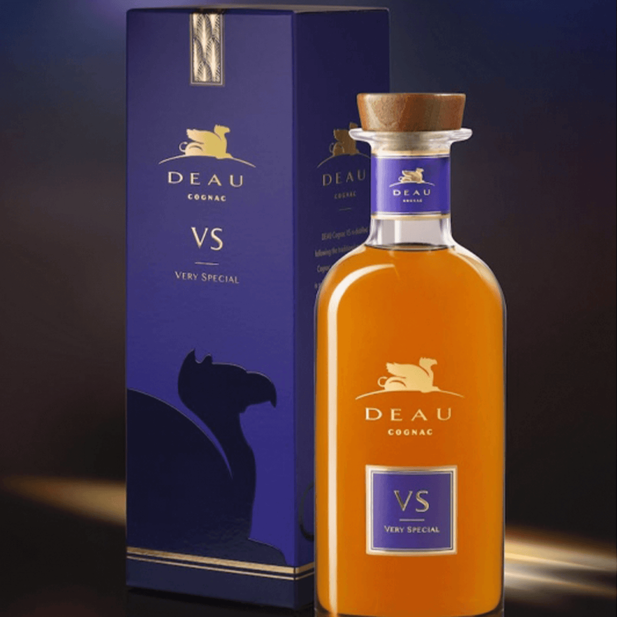 Deau Cognac VS 700ml bottle with blue packaging, highlighting aromatic freshness and tradition.