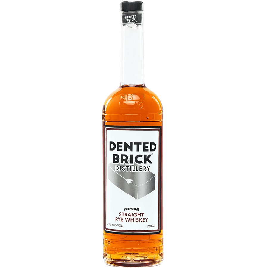 Dented Brick Premium Straight Rye Whiskey bottle showcasing unique flavor from 100% pumpernickel rye and artesian water.