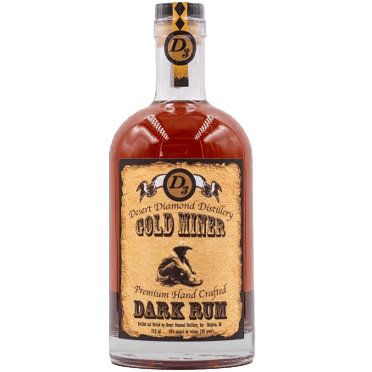 Desert Diamond Gold Miner Dark Rum bottle showcasing premium hand-crafted rum aged in oak barrels.