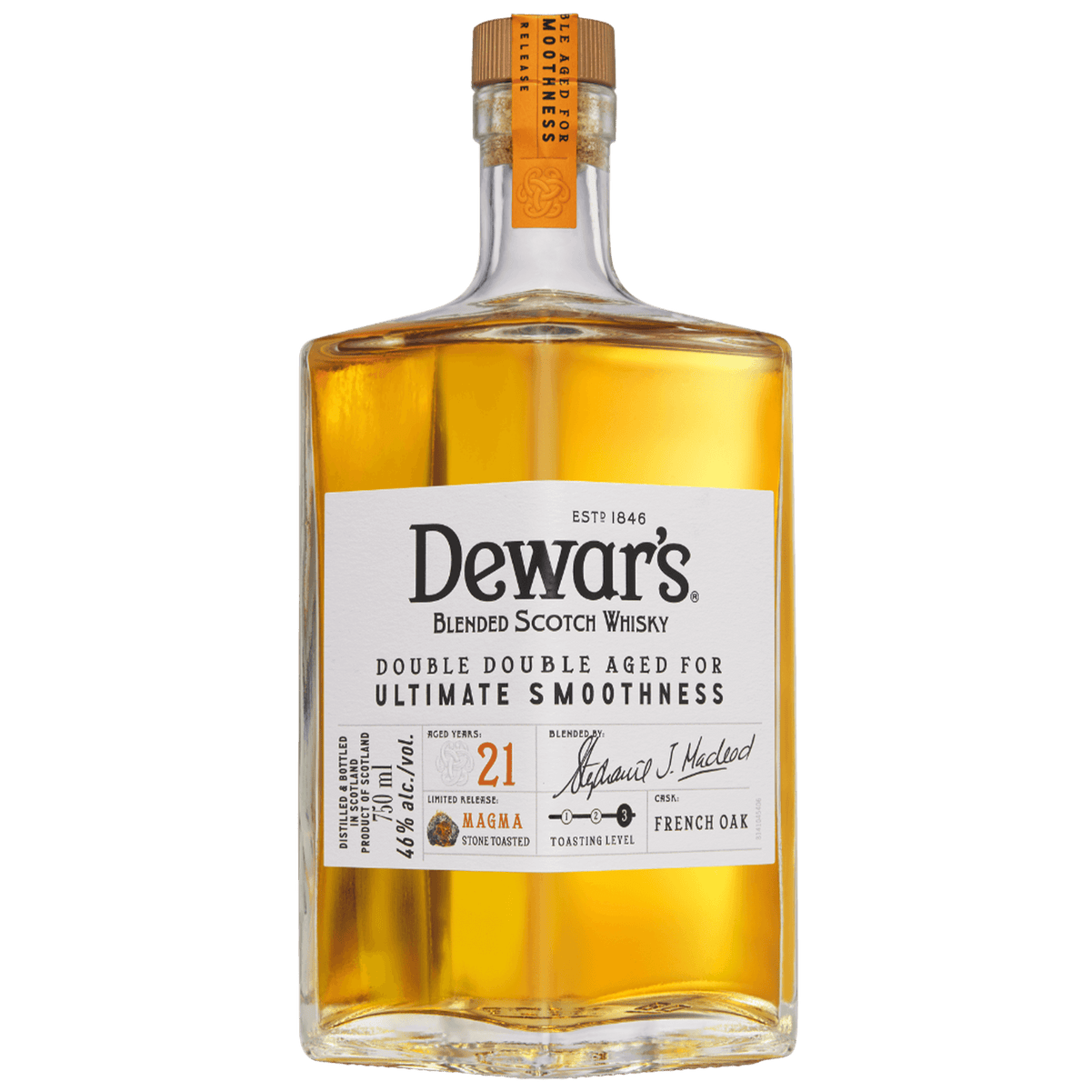 Dewar's Double Double 21 Year Old Stone Toasted Magma French Oak blended Scotch whisky bottle.