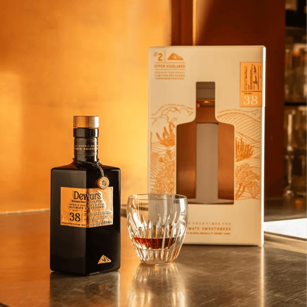 Dewar's Double Double 38 Year Blended Malt Scotch Whisky with glass, celebrating Upper Highlands regions, limited-edition bottle.