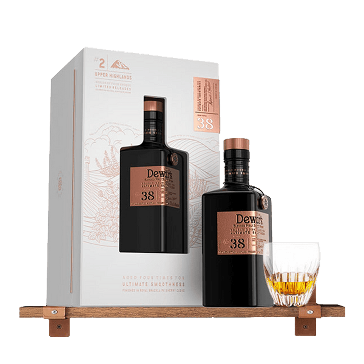 Dewar’s Double Double 38 Year Old Whisky with gift box and glass, showcasing premium blended malt Scotch from Upper Highlands.