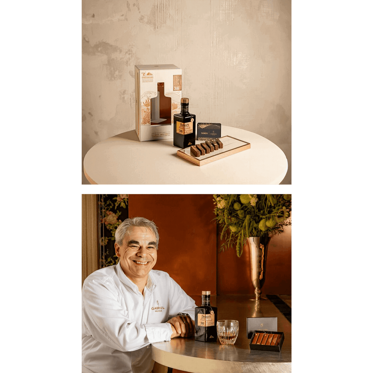 Dewar's Double Double 38 Year Old Blended Malt Scotch Whisky with chocolate pairings on a stylish table.