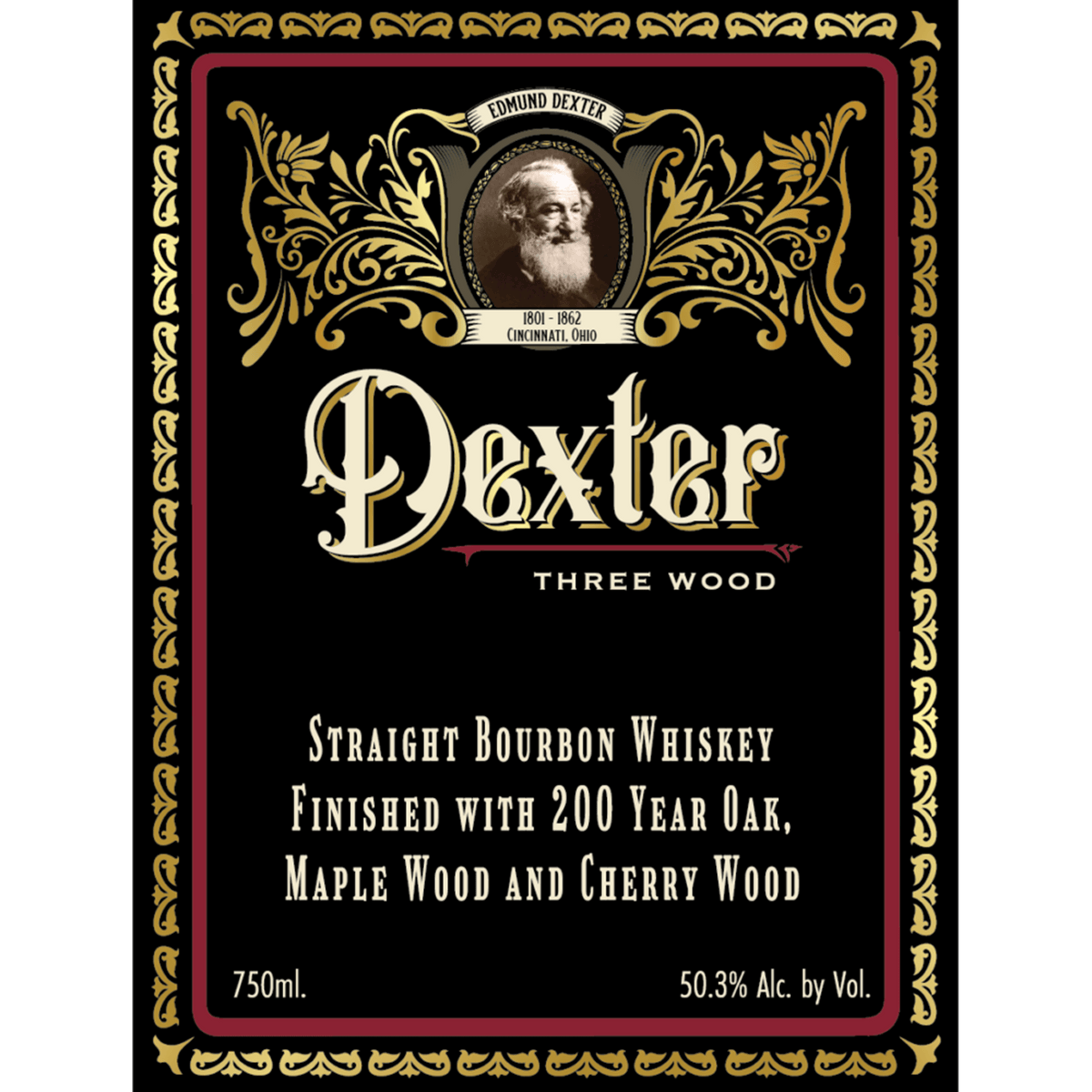 Dexter Three Wood Bourbon label showcasing 200 Year Oak, Cherry Wood & Maple Wood, honoring Edmund Dexter.