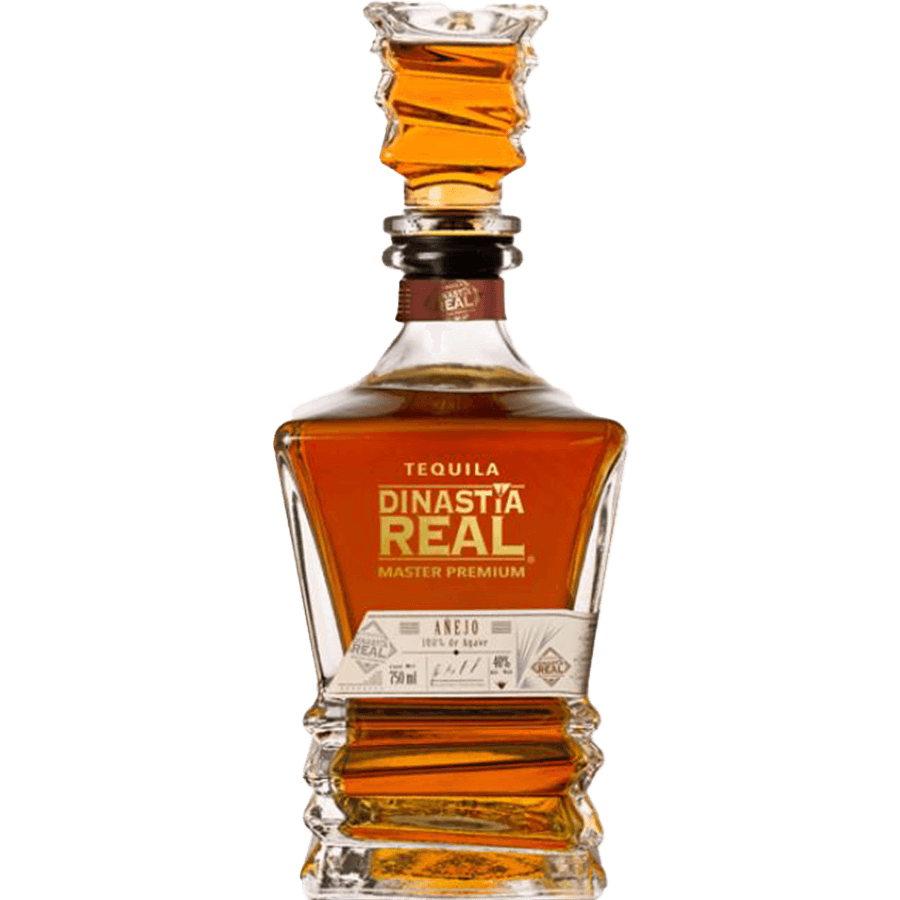Bottle of Dinastía Real Añejo Tequila, aged 24 months, showcasing rich amber color and luxurious design.