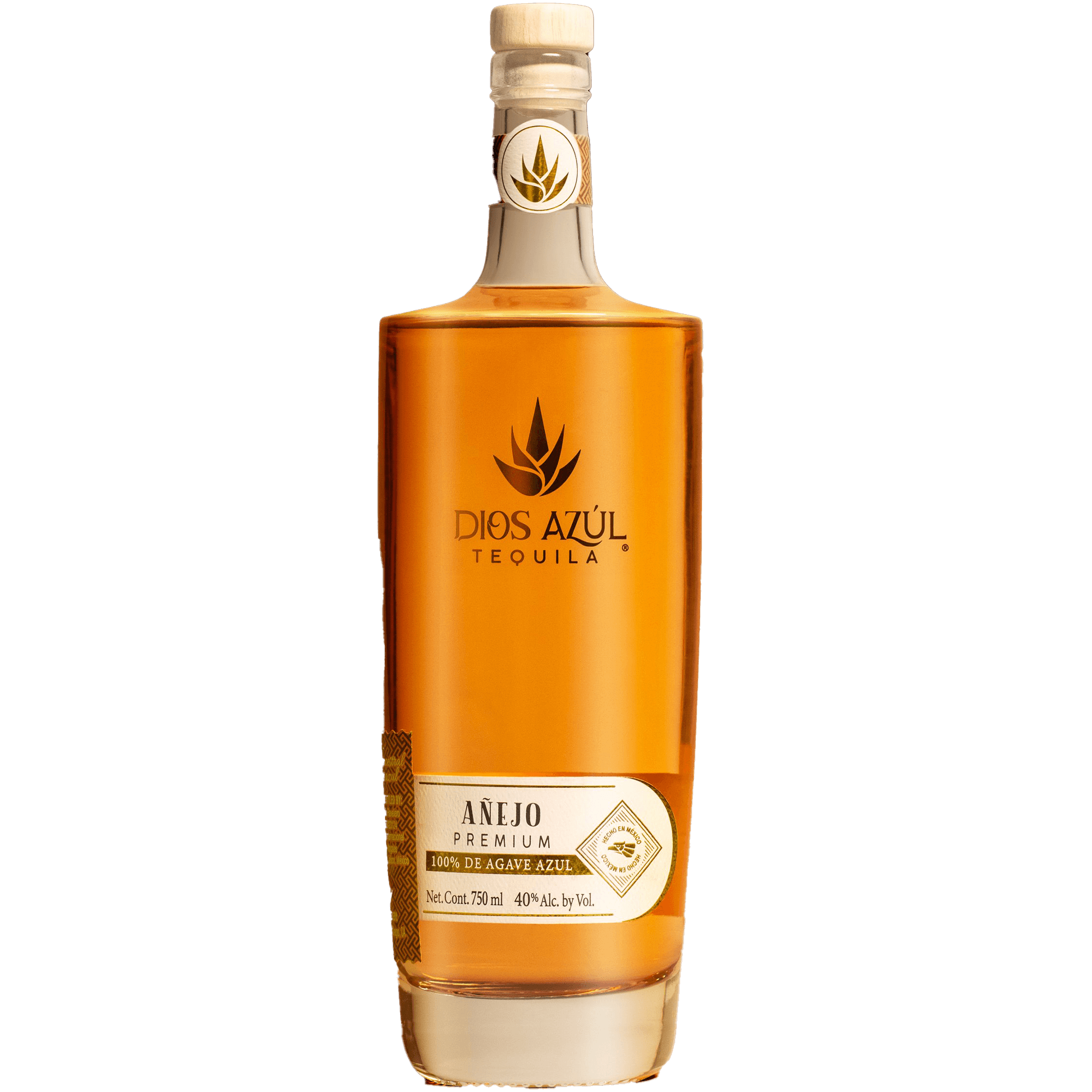 Dios Azul Añejo Tequila bottle showcasing rich amber color, crafted from 100% blue agave for premium flavor.