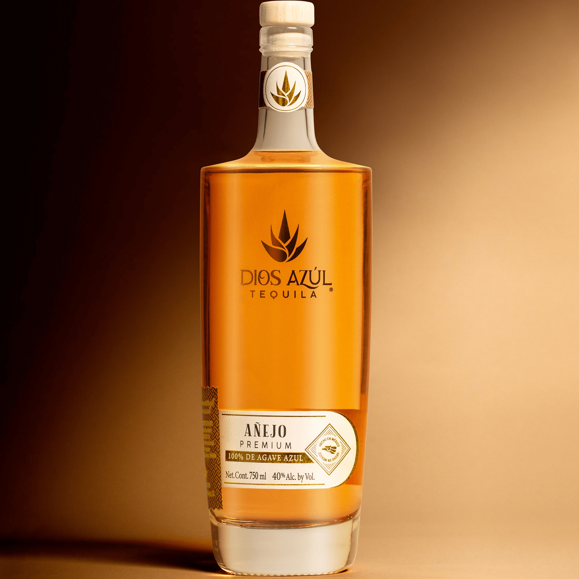 Dios Azul Añejo Tequila bottle showcasing premium 100% blue agave, rich amber color, and elegant design.