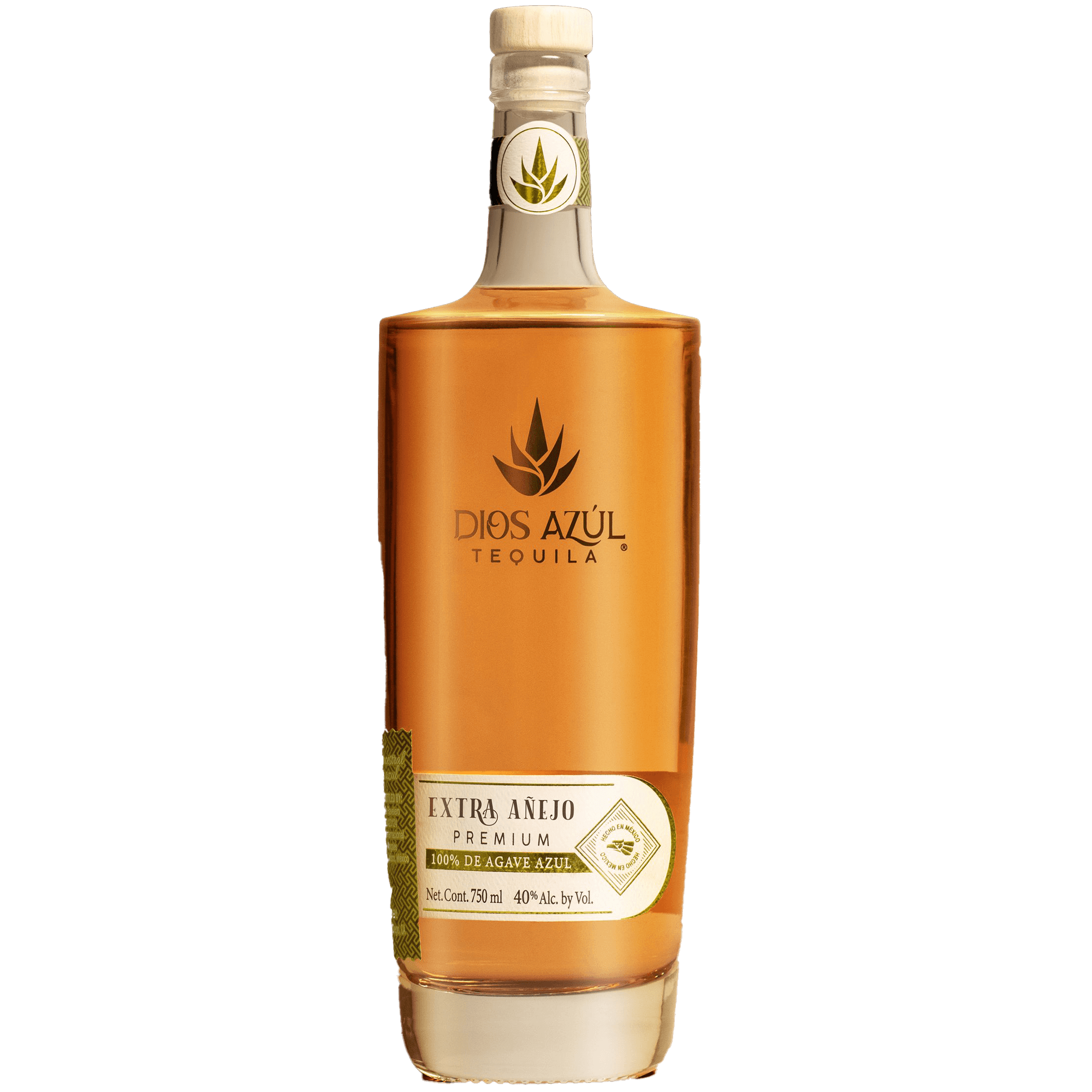 Dios Azul Extra Añejo Tequila bottle with dark amber color, showcasing rich flavors of chocolate, coffee, and caramel.